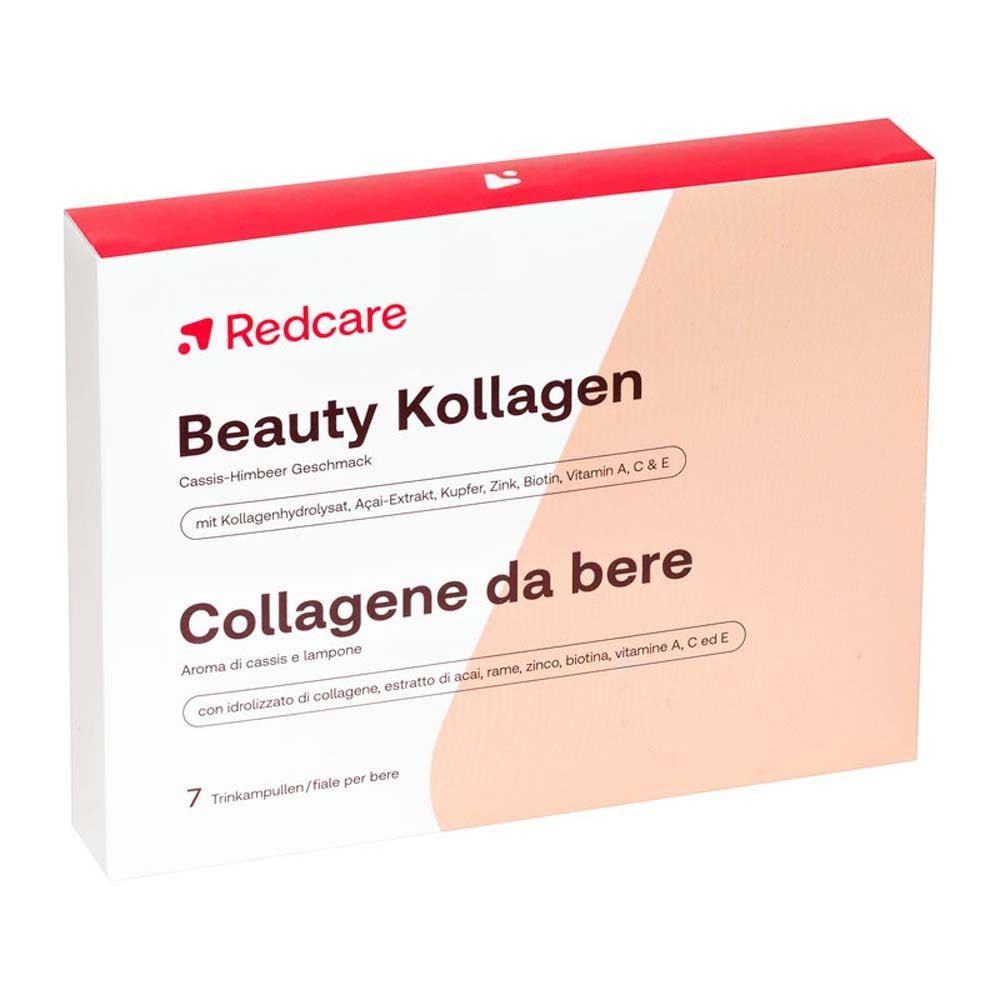 Karton mit Redcare Beauty Kollagen. Aufschrift: Beauty Kollagen, Cassis-Himbeer Geschmack, 7 Trinkampullen.