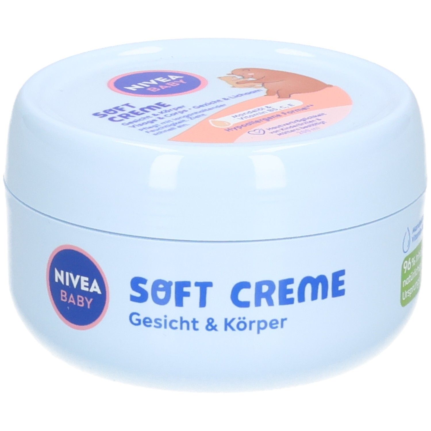 Hellblaue Creme-Dose mit Deckel. Auf dem Deckel ist ein Baby abgebildet. Auf der Dose steht "NIVEA BABY Soft Creme Gesicht & Körper".