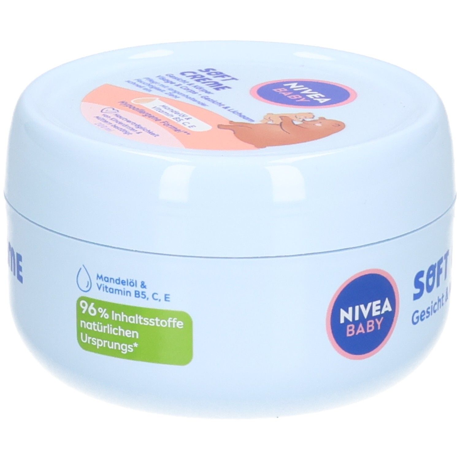 Hellblaue Creme-Dose mit Deckel. Auf der Dose steht "NIVEA BABY Soft Creme Gesicht & Körper". Auf der Seite sind Inhaltsstoffe und ein Logo.