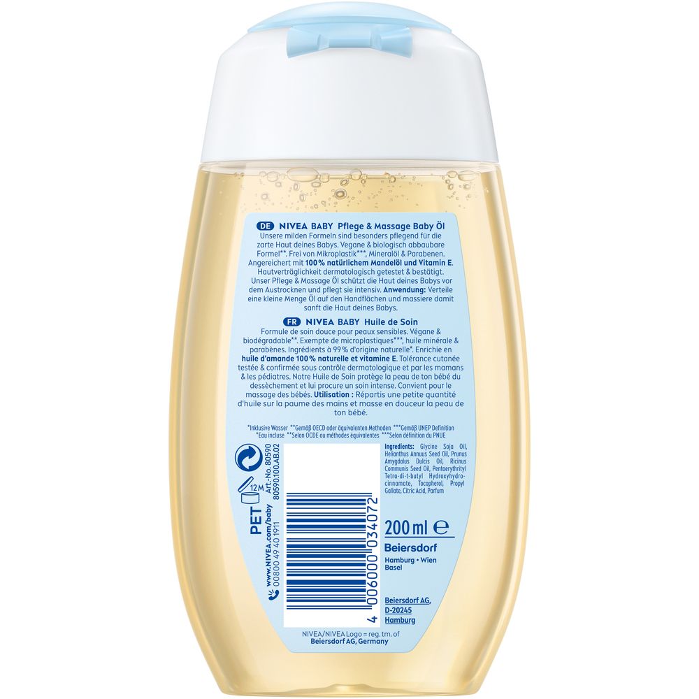 Rückseite der NIVEA BABY Pflege & Massage Baby Öl Flasche mit Inhaltsangaben und Barcode. 200 ml.
