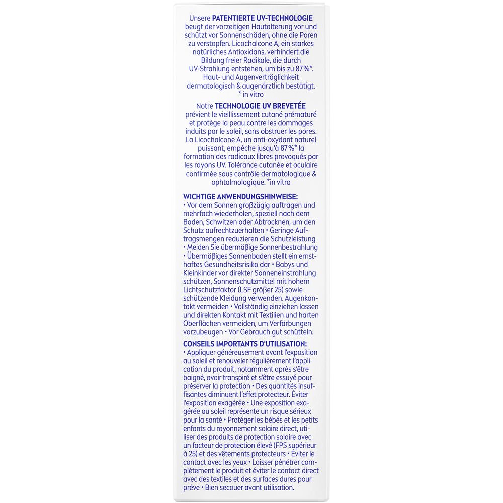 Rückseite der Faltschachtel mit Anwendungshinweisen und Produktinformationen für Nivea Sun UV Fluid.