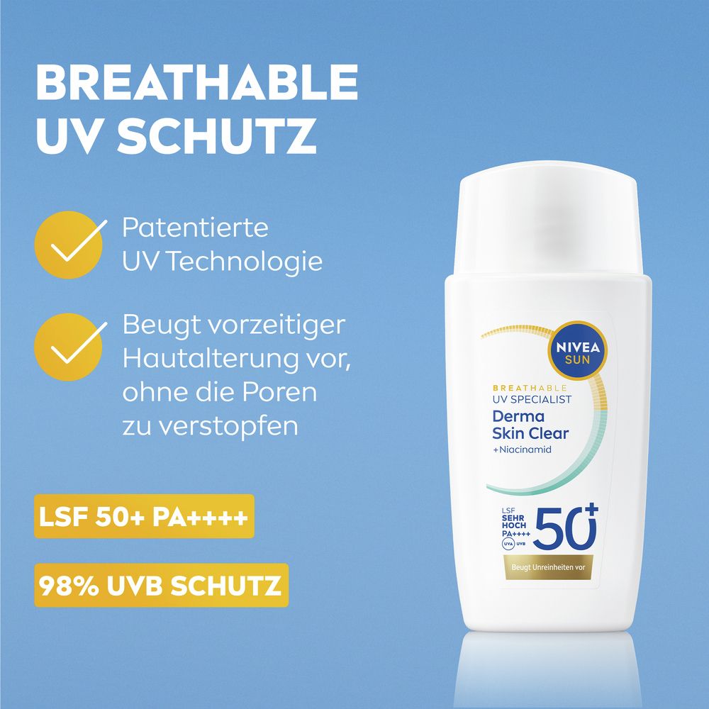 Nivea Sun UV Fluid LSF 50+ mit Niacinamid: Patentierte UV-Technologie, Schutz vor Hautalterung, ohne Poren zu verstopfen.