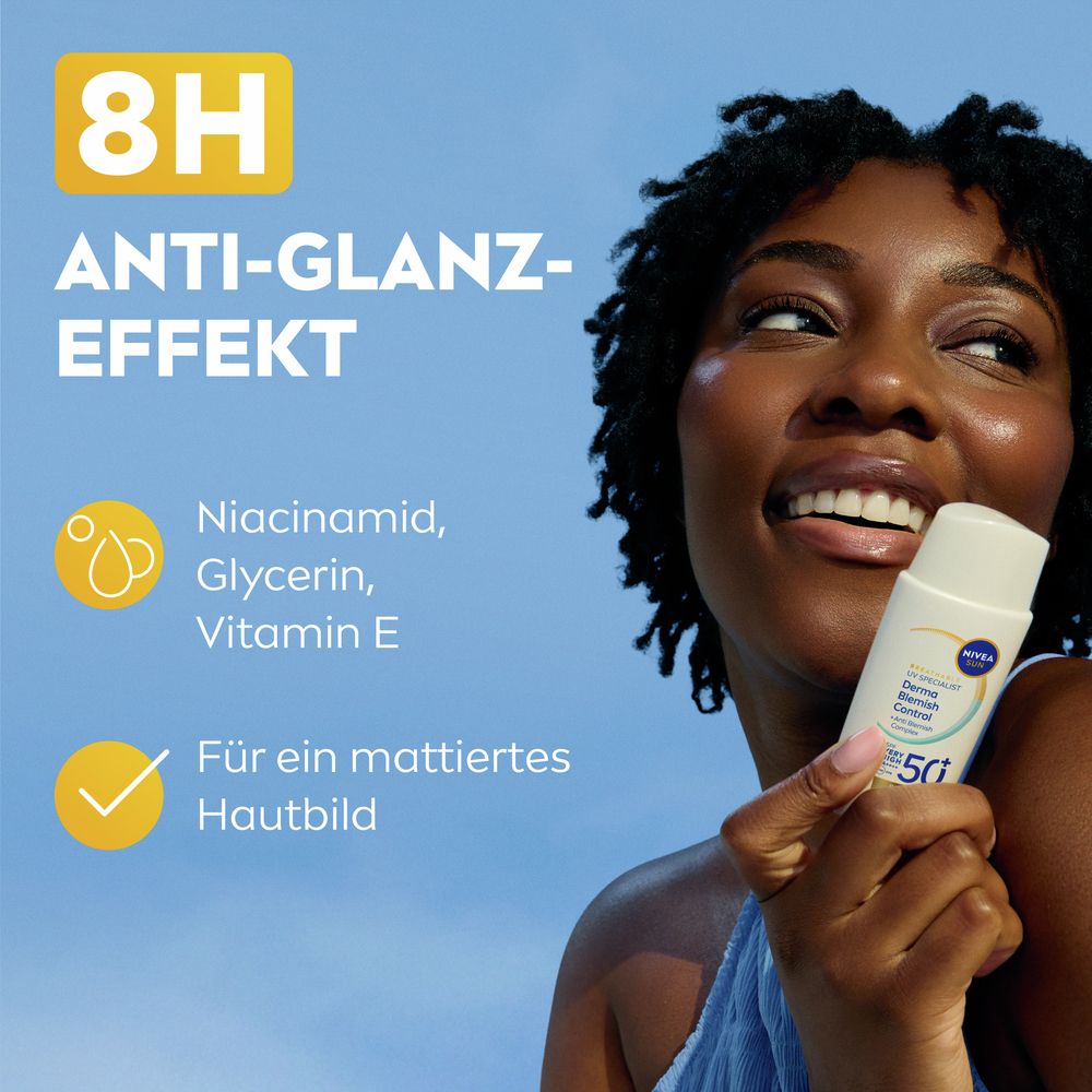 Frau mit Nivea Sun UV Fluid LSF 50+. Enthält Niacinamid, Glycerin, Vitamin E. Bietet 8h Anti-Glanz-Effekt.