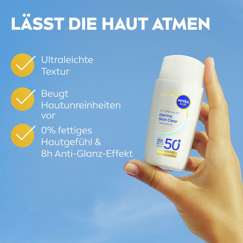 Nivea Sun UV Fluid LSF 50+: Ultraleichte Textur, schützt vor Hautunreinheiten, 0% fettiges Hautgefühl, 8h Anti-Glanz-Effekt.