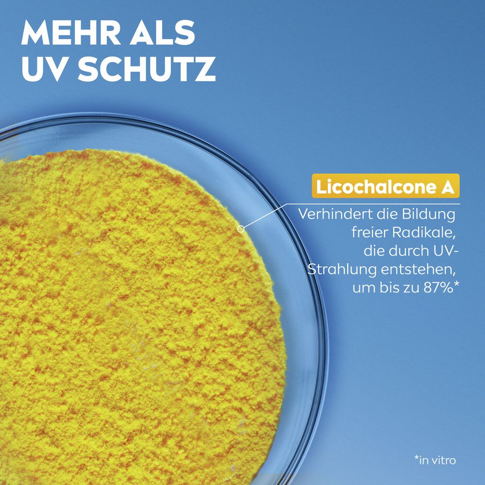 Licochalcone A in Nivea Sun UV Fluid LSF 50+ schützt bis zu 87% vor freien Radikalen durch UV-Strahlung.