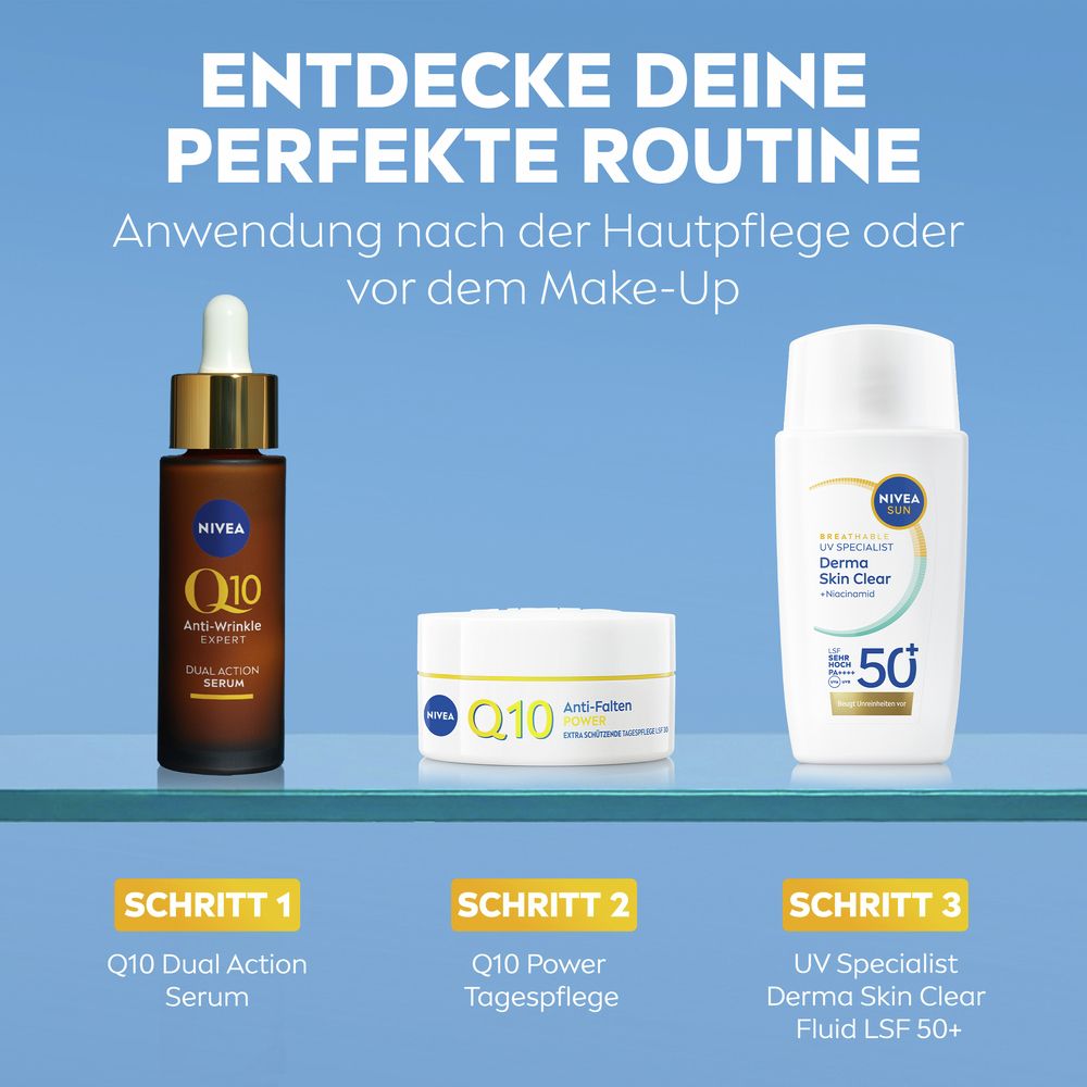 Nivea Q10 Serum, Q10 Tagespflege und Nivea Sun UV Fluid LSF 50+ als Teil einer Hautpflegeroutine.