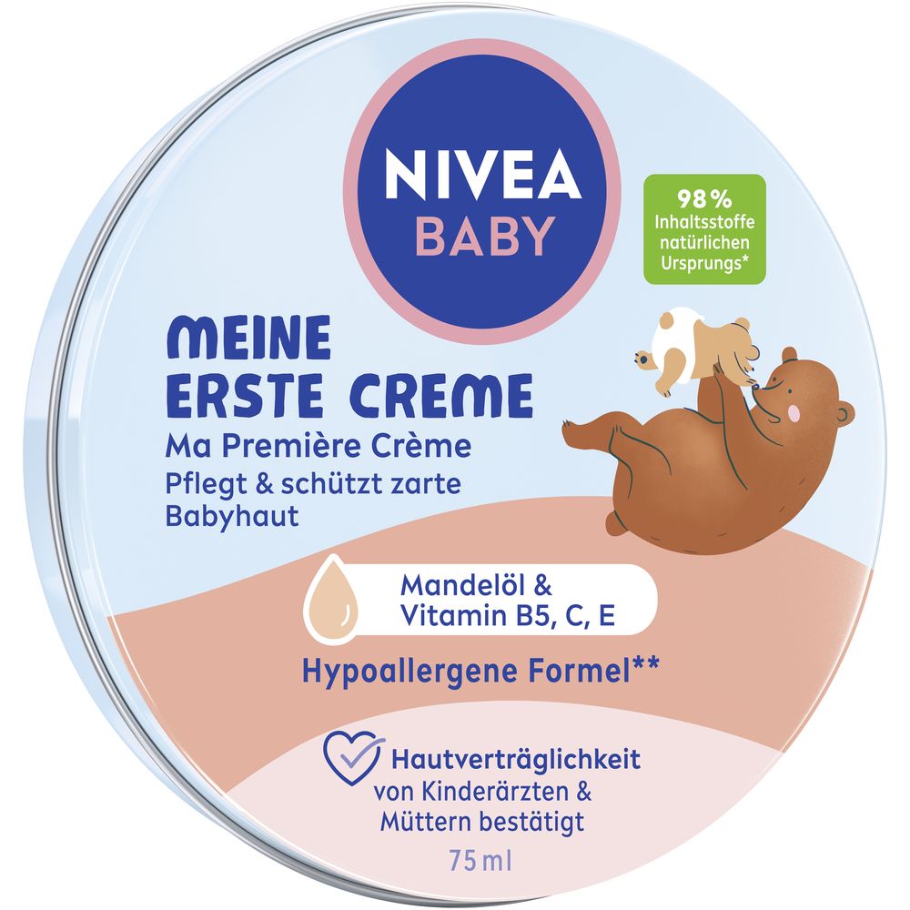 NIVEA BABY Meine erste Creme Tiegel mit Bär und Baby-Motiv. Enthält Mandelöl & Vitamin B5, C, E. Hypoallergene Formel.