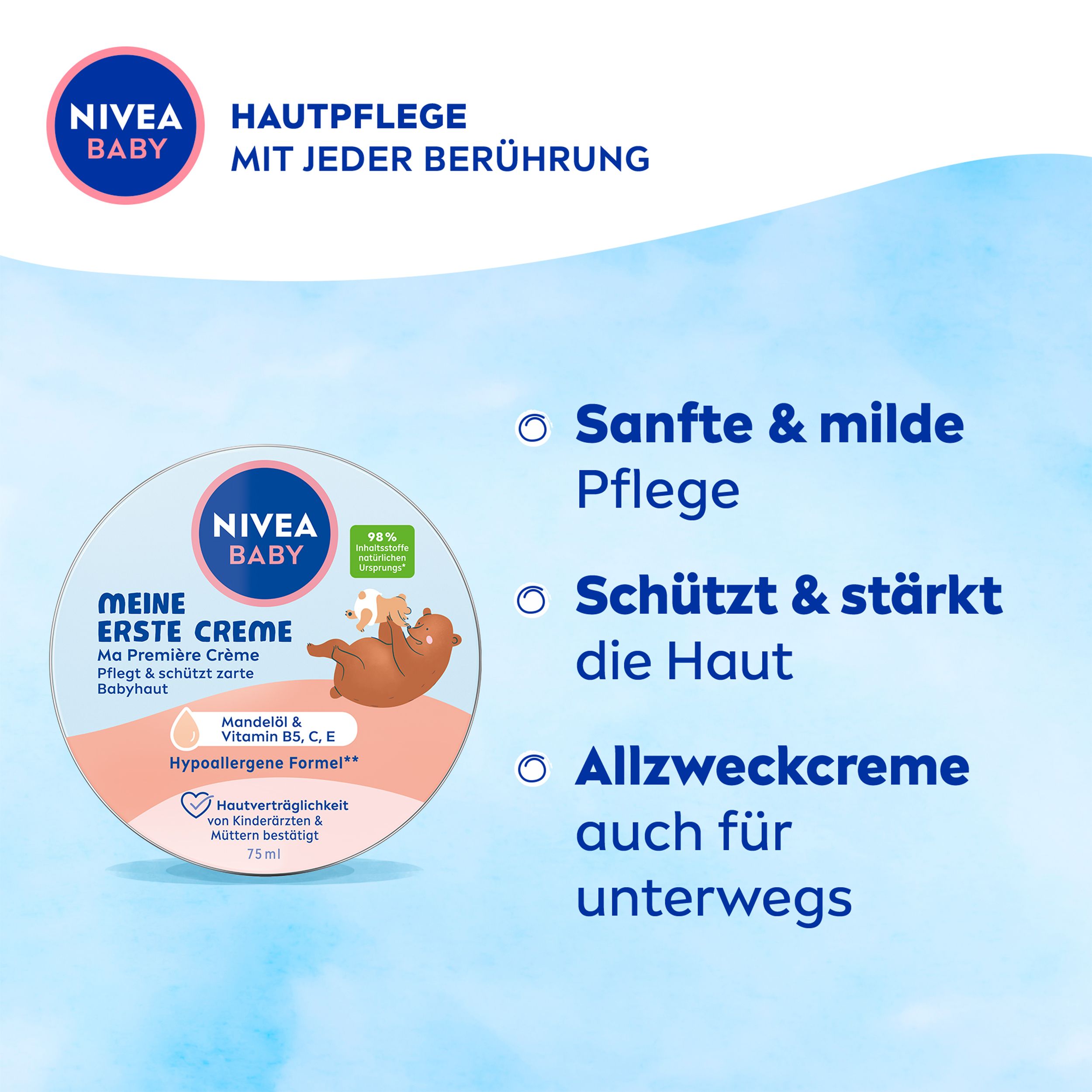 NIVEA BABY Meine erste Creme Tiegel neben Stichpunkten zu sanfter Pflege und Hautschutz. Mit Bär-Motiv.