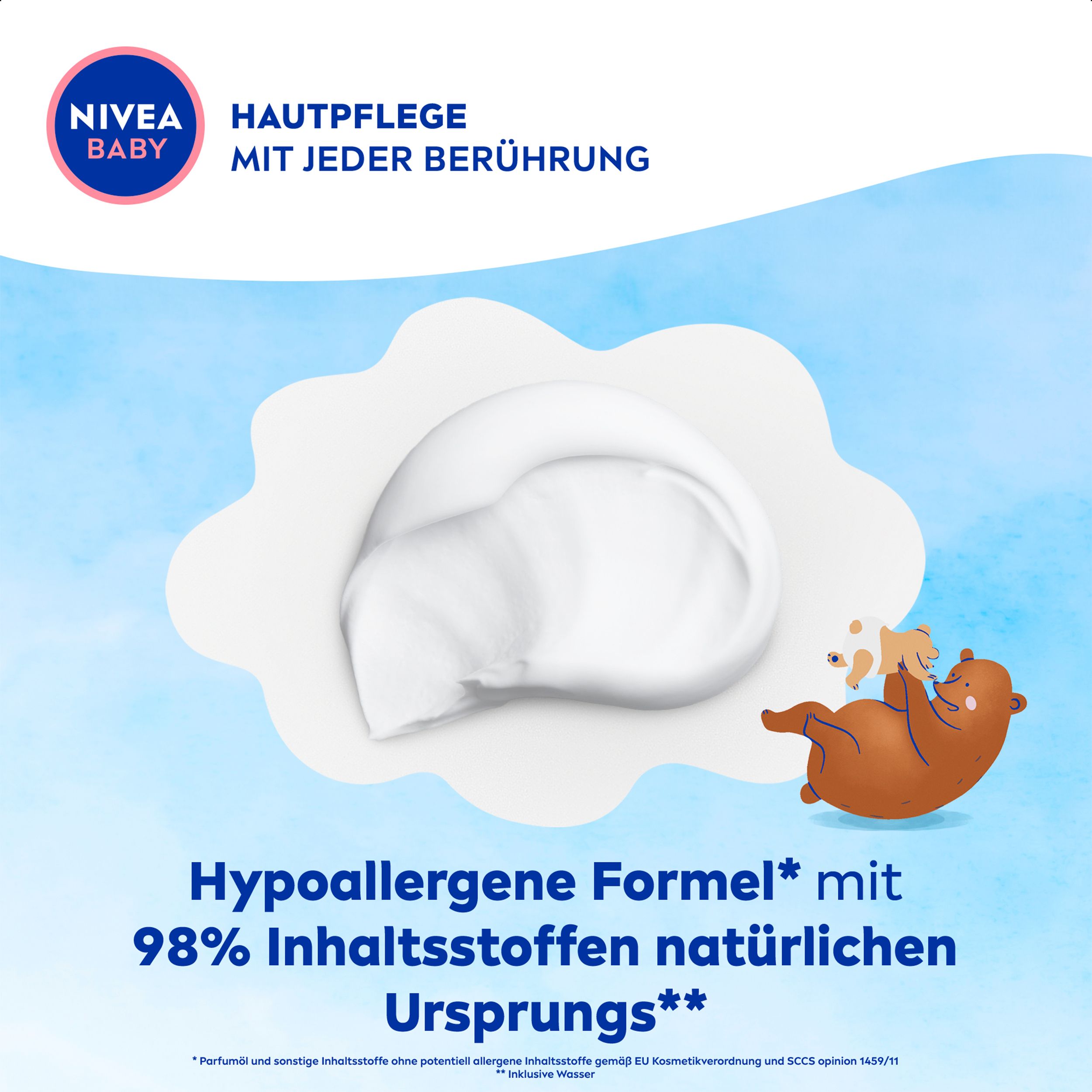 NIVEA BABY Creme-Textur mit Bär-Motiv. Hypoallergene Formel mit 98% natürlichen Inhaltsstoffen.