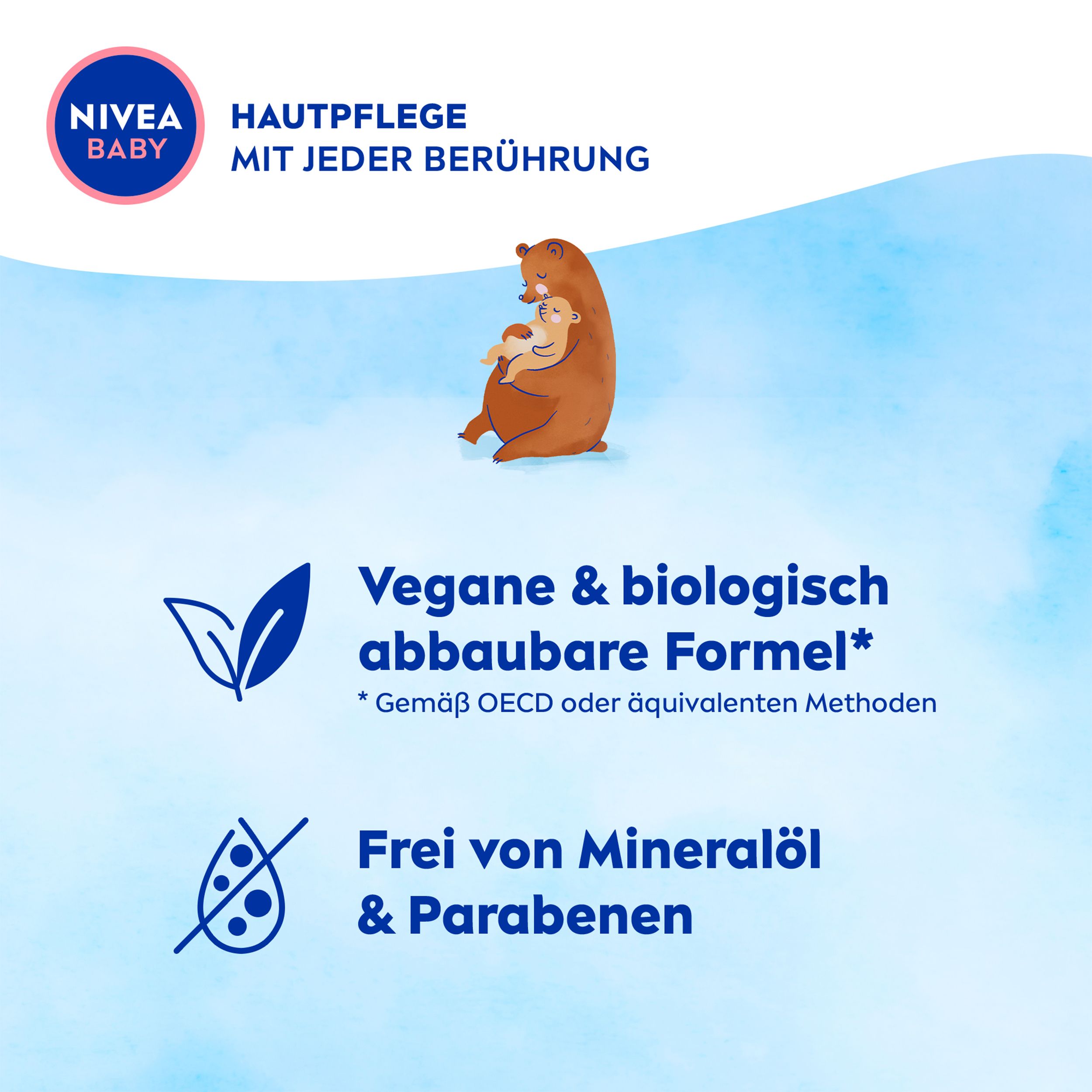 NIVEA BABY Siegel 'Vegane & biologisch abbaubare Formel' und 'Frei von Mineralöl & Parabenen'. Mit Bär-Motiv.