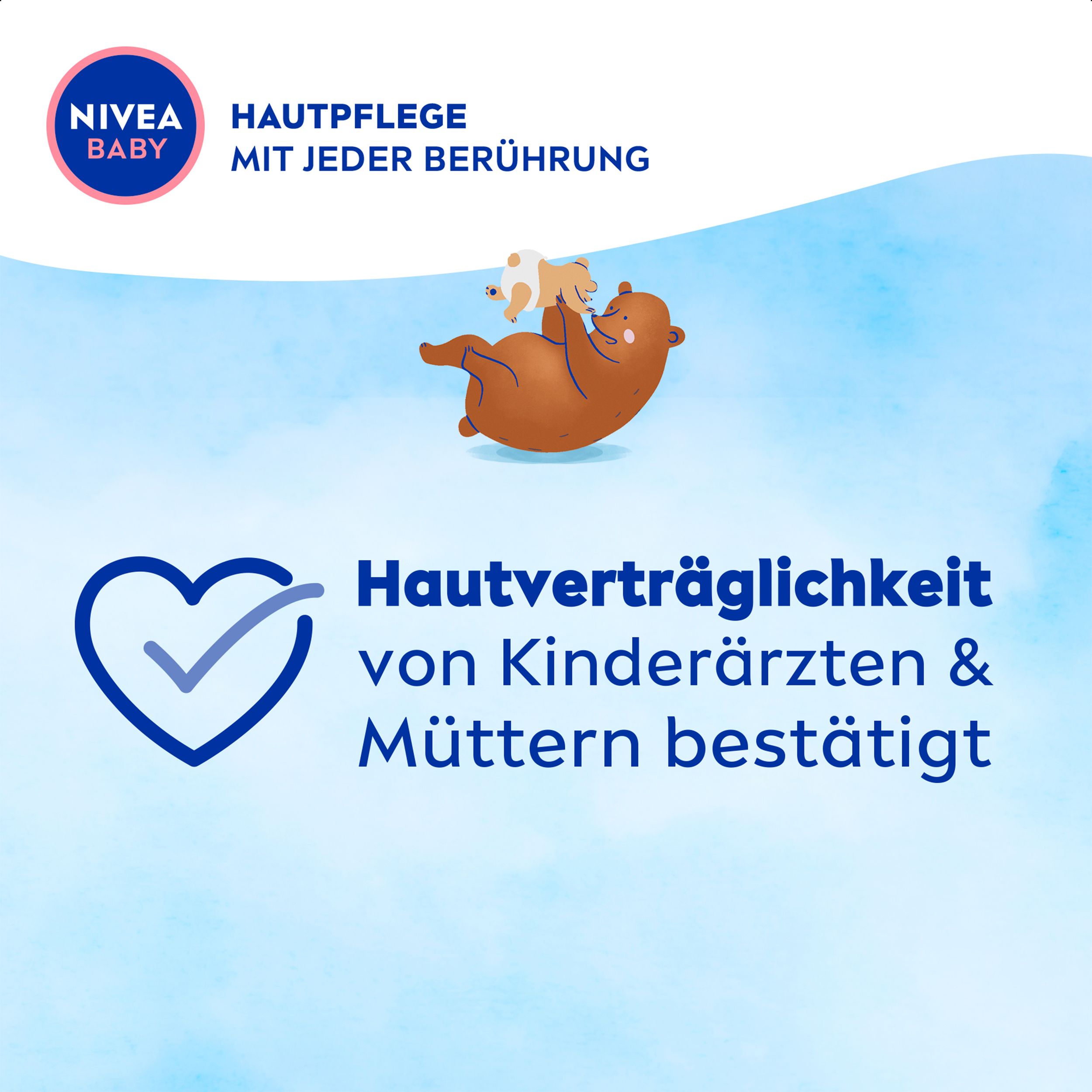 NIVEA BABY Siegel 'Hautverträglichkeit von Kinderärzten & Müttern bestätigt'. Mit Bär-Motiv.