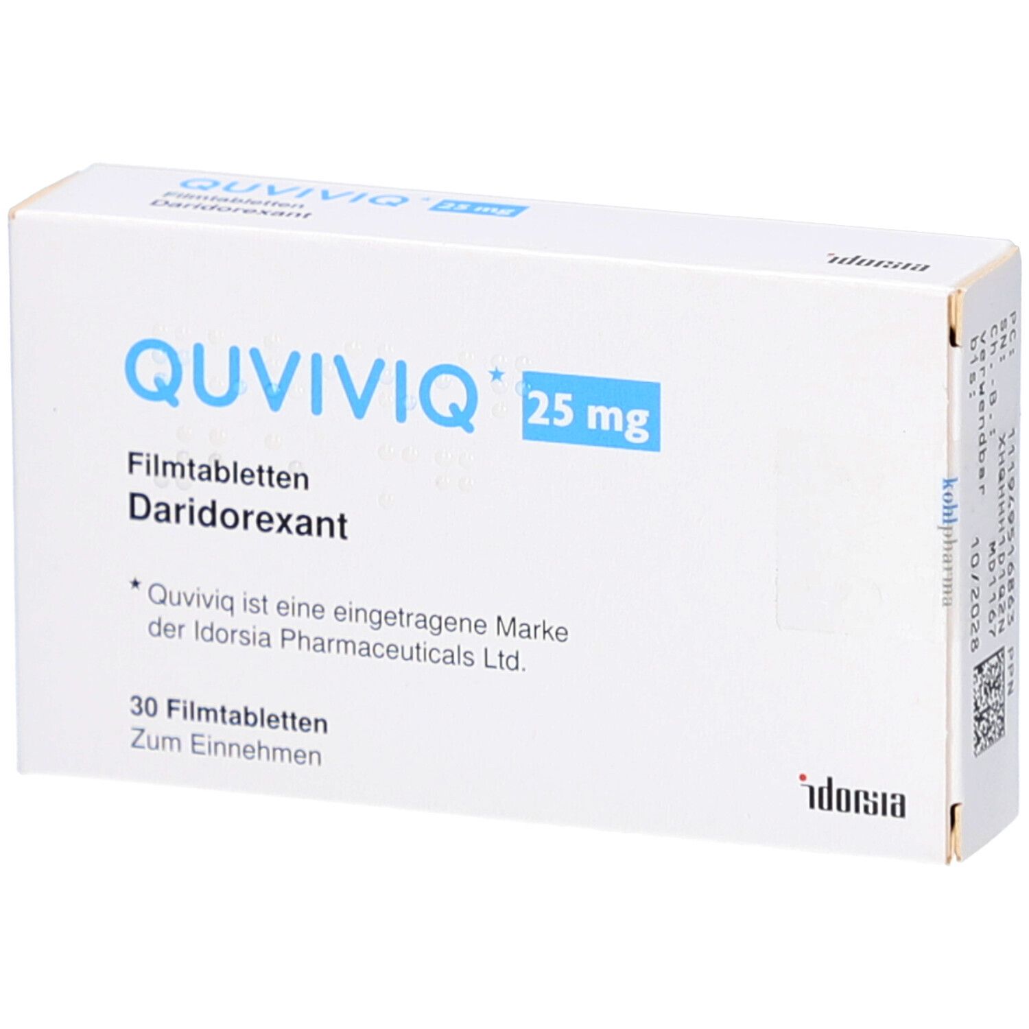 Schachtel mit QUVIVIQ 25 mg Filmtabletten. Aufschrift: Daridorexant, 30 Filmtabletten. Marke der Idorsia Pharmaceuticals Ltd.