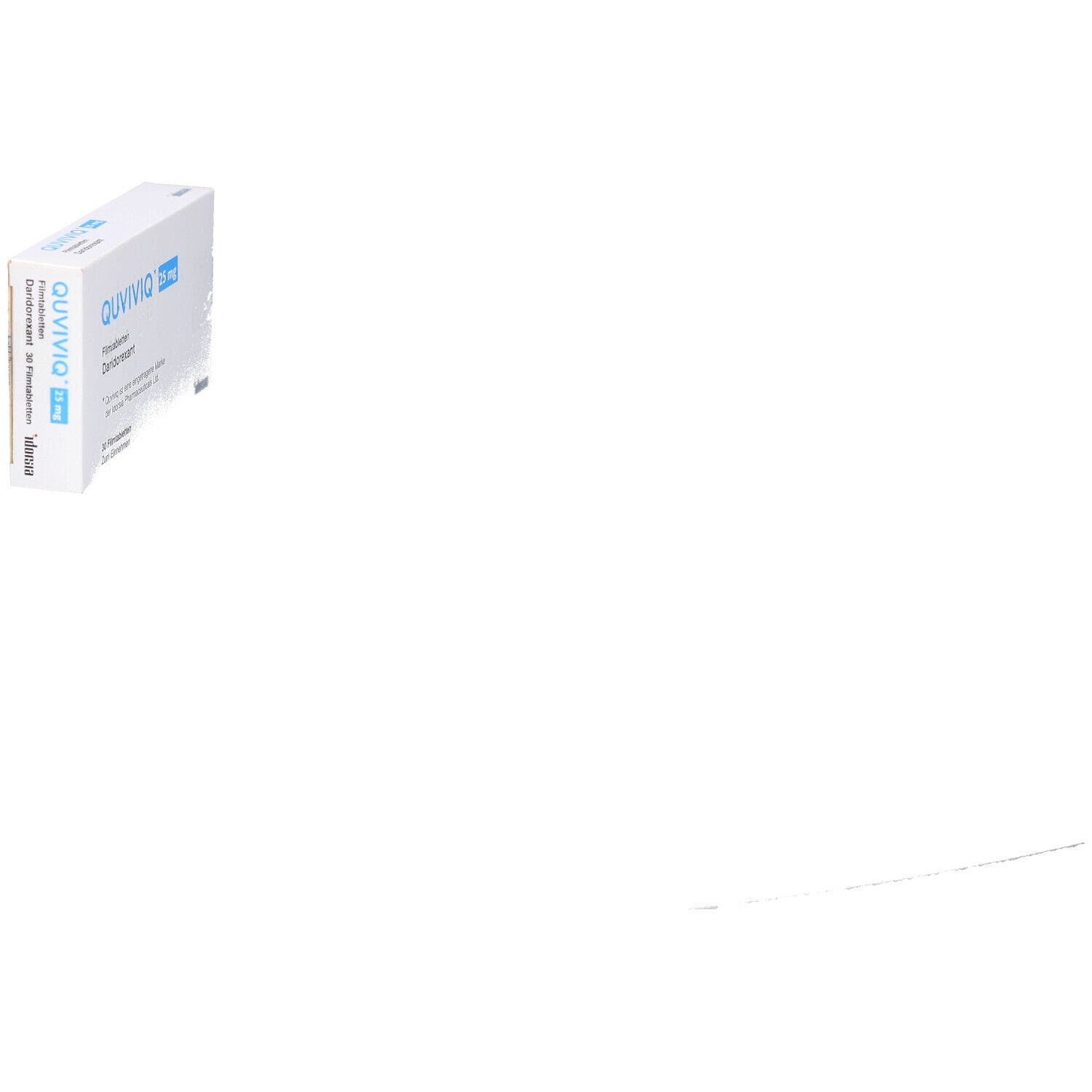 Schachtel QUVIVIQ 25 mg Filmtabletten, seitliche Ansicht. Aufschrift: Daridorexant. Marke der Idorsia Pharmaceuticals Ltd.