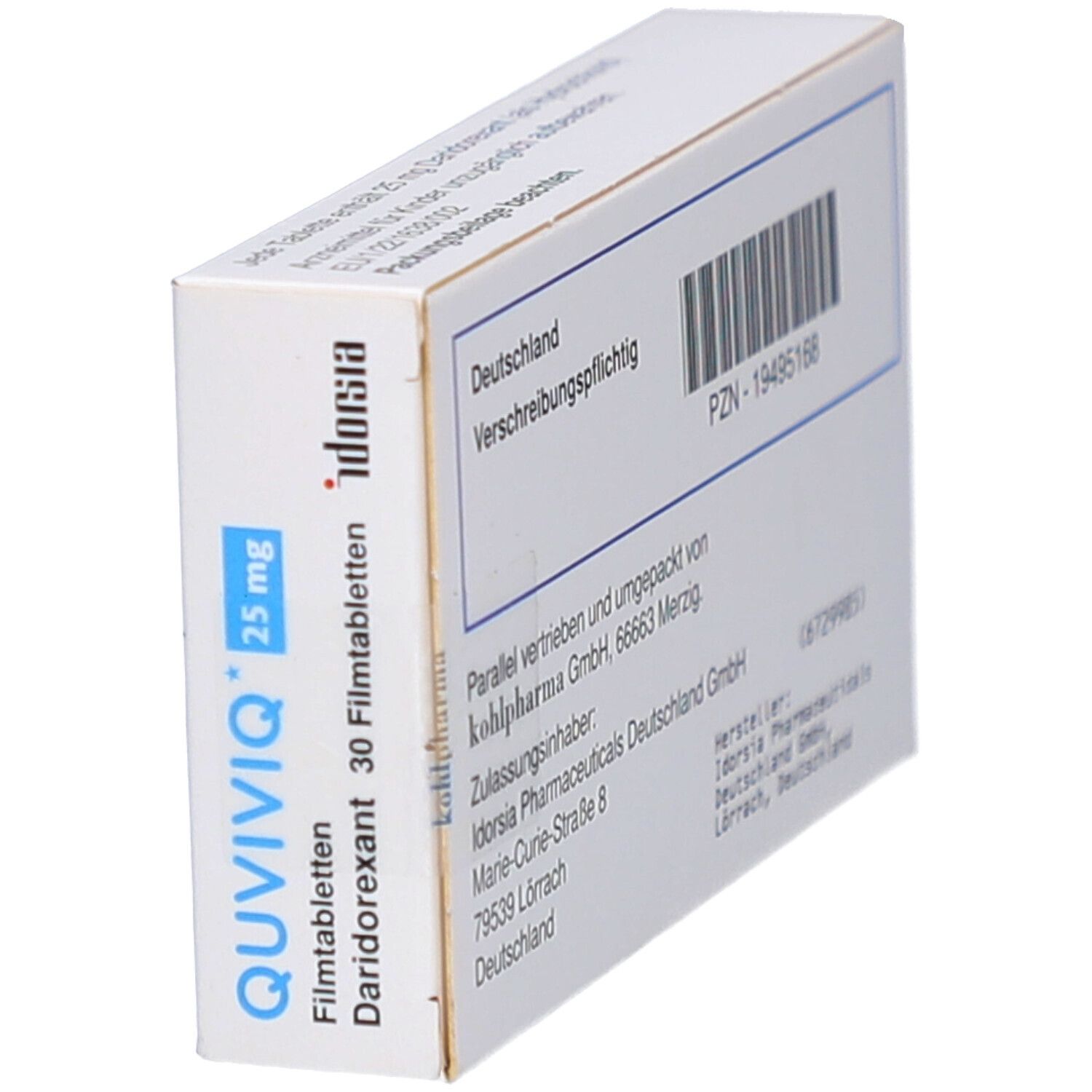 Schachtel QUVIVIQ 25 mg Filmtabletten, schräge Ansicht. Aufschrift: Daridorexant, 30 Filmtabletten. Marke der Idorsia Pharmaceuticals Ltd.