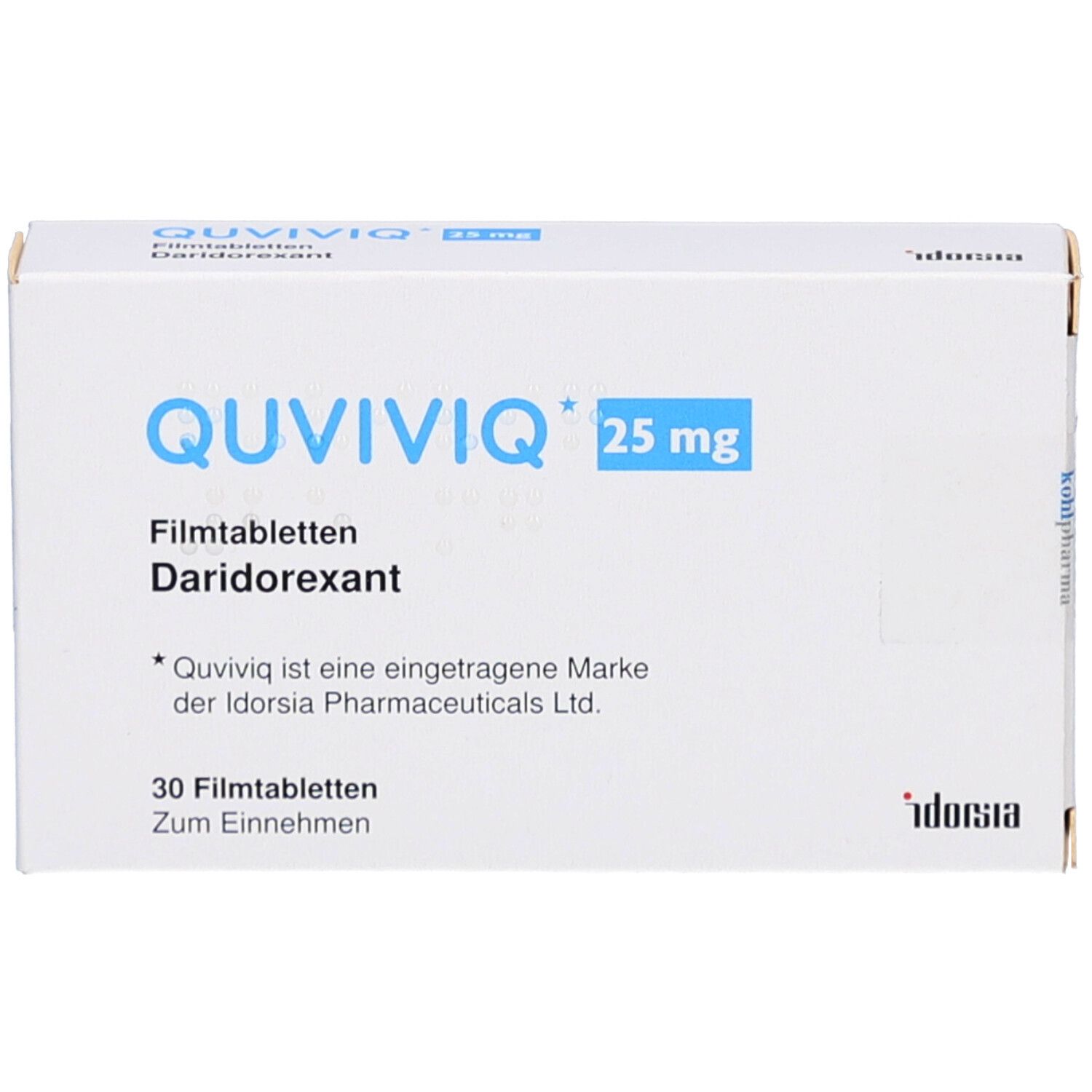 Schachtel mit QUVIVIQ 25 mg Filmtabletten. Aufschrift: Daridorexant, 30 Filmtabletten. Marke der Idorsia Pharmaceuticals Ltd.