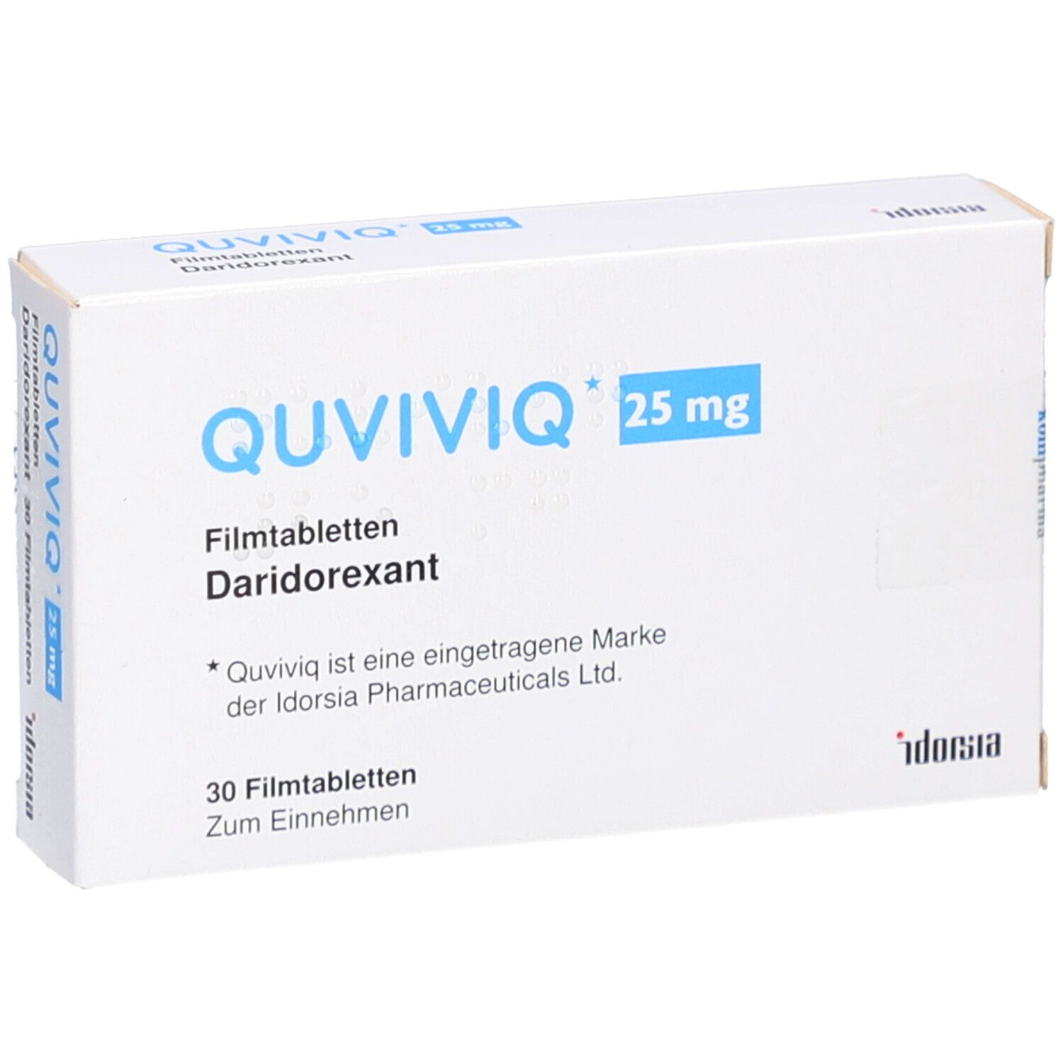 Schachtel mit QUVIVIQ 25 mg Filmtabletten. Aufschrift: Daridorexant, 30 Filmtabletten. Marke der Idorsia Pharmaceuticals Ltd.