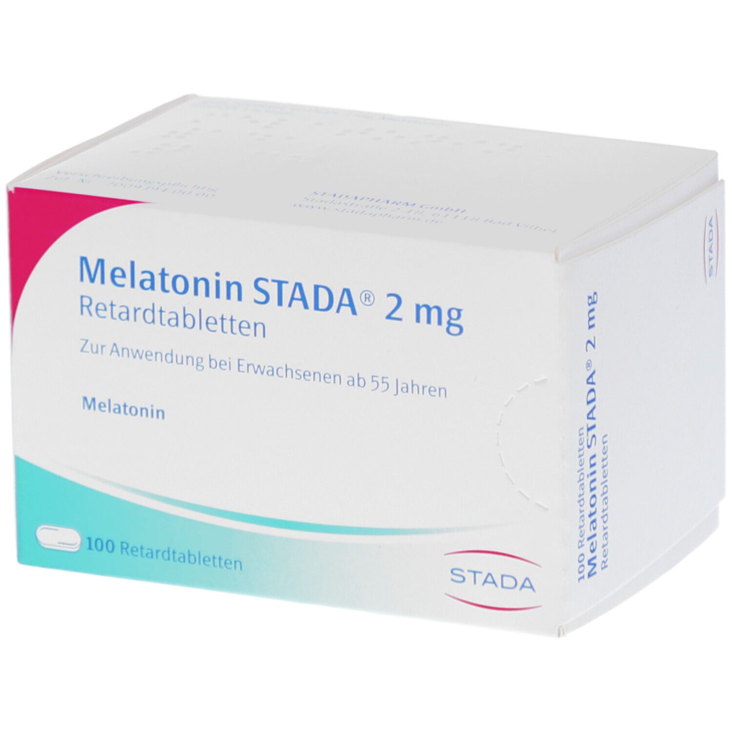 Schachtel mit Melatonin STADA 2 mg Retardtabletten. Aufschrift: 100 Retardtabletten. Marke STADA.