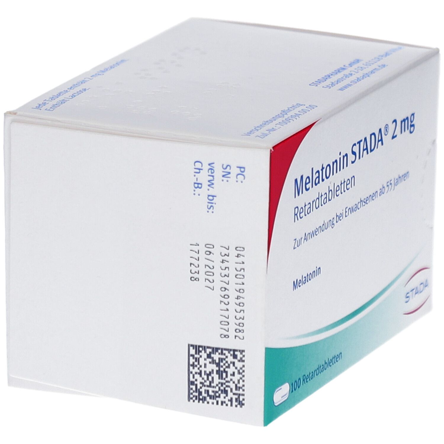 Schachtel Melatonin STADA 2 mg Retardtabletten. Aufschrift: Melatonin, 100 Retardtabletten. Marke STADA.