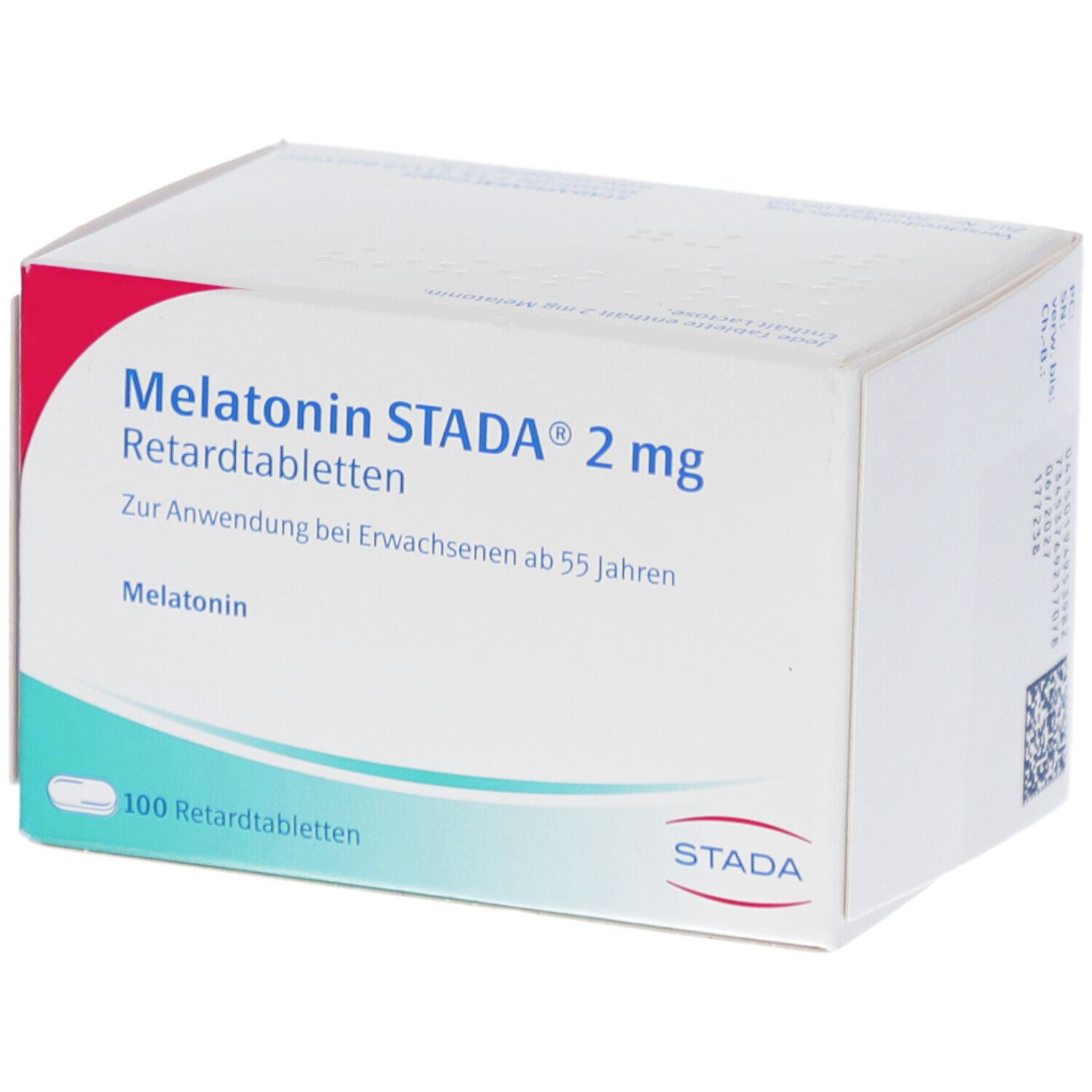 Schachtel mit Melatonin STADA 2 mg Retardtabletten. Aufschrift: 100 Retardtabletten. Marke STADA.