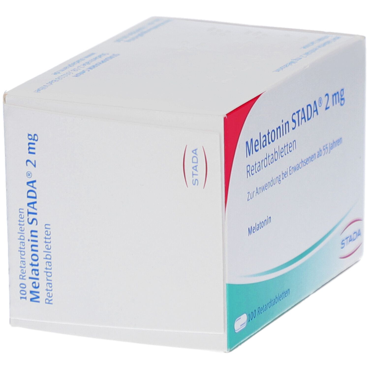 Schachtel mit Melatonin STADA 2 mg Retardtabletten. Aufschrift: 100 Retardtabletten. Marke STADA.