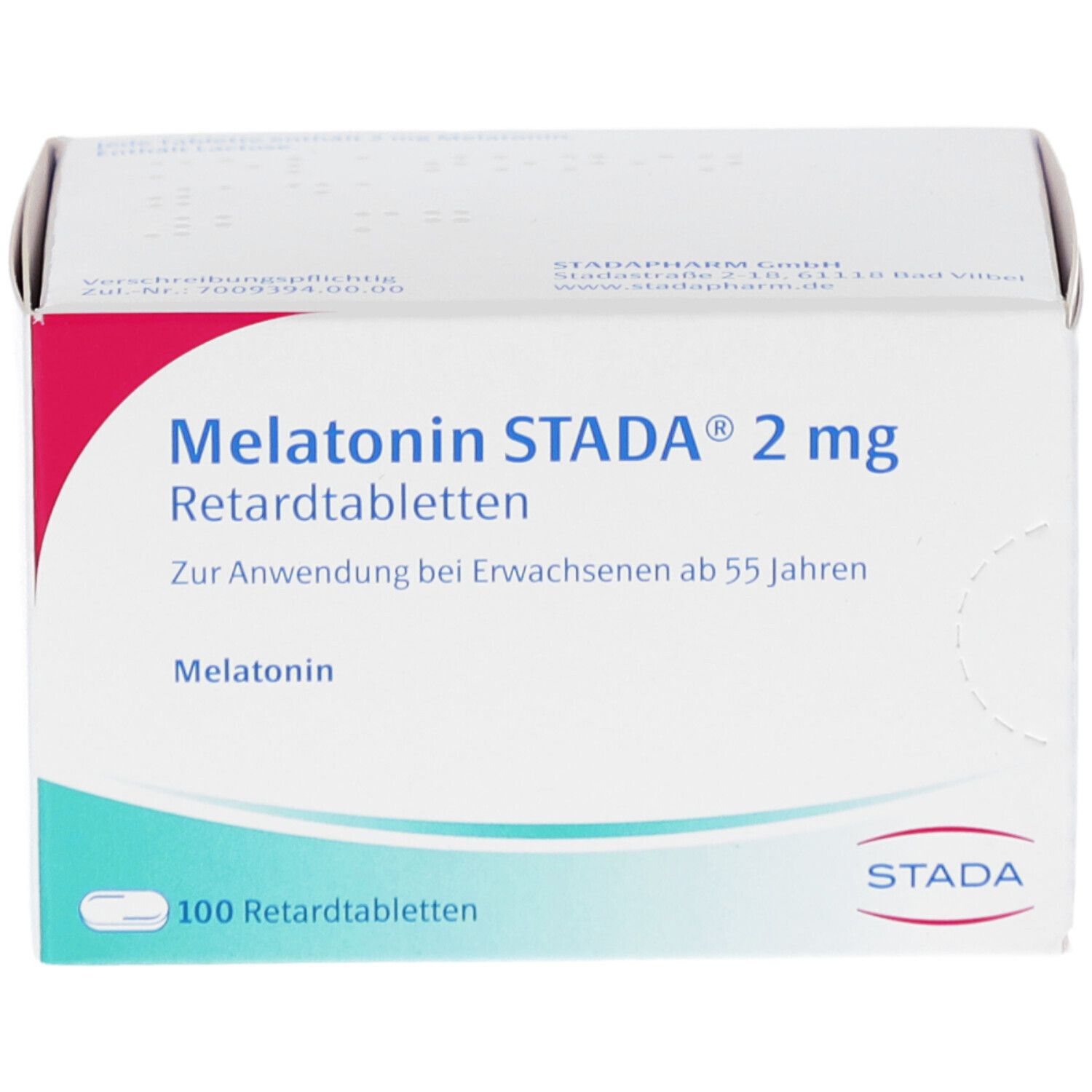 Schachtel mit Melatonin STADA 2 mg Retardtabletten. Aufschrift: 100 Retardtabletten. Marke STADA.