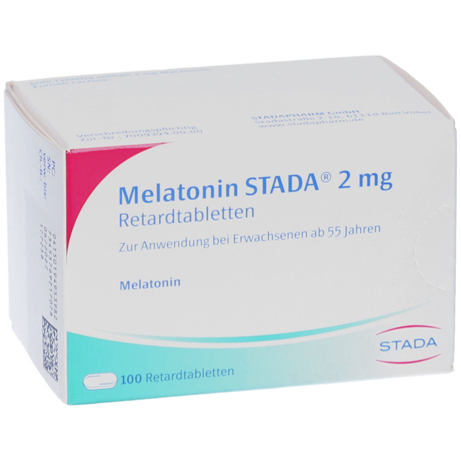 Weiße Schachtel mit Melatonin STADA 2 mg Retardtabletten. Aufschrift: 100 Retardtabletten. STADA Logo.