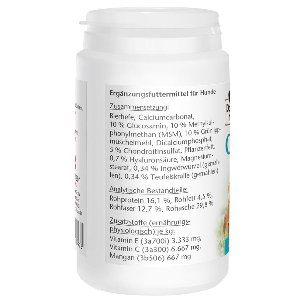 Rückseite der weißen Dose. Enthält Informationen zu Inhaltsstoffen und Nährwerten für Hunde.