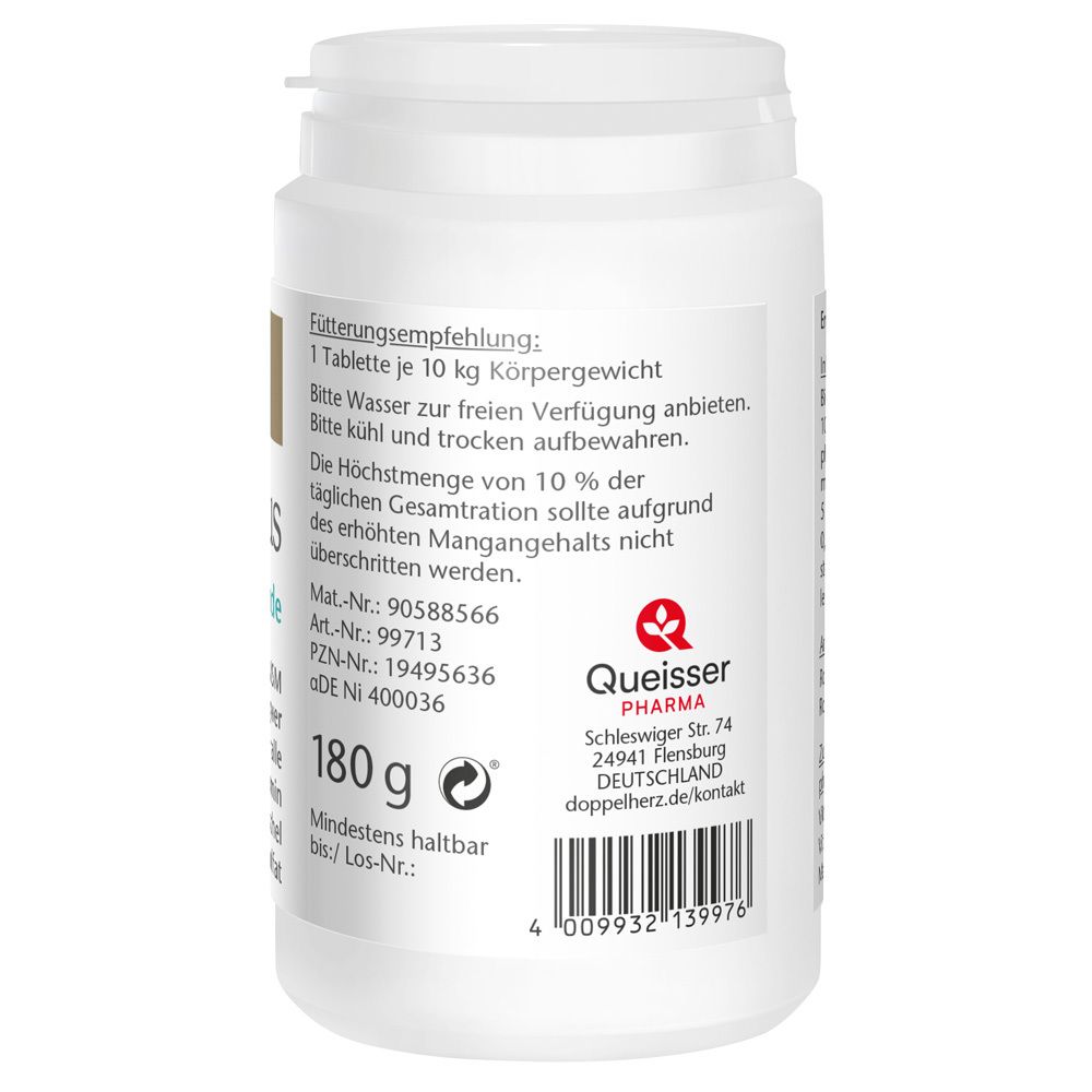 Rückseite der weißen Dose. Enthält Fütterungsempfehlung, Herstellerinformationen und Barcode.