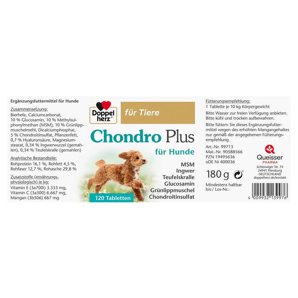 Produktverpackung "Doppelherz Chondro Plus für Hunde". Enthält 120 Tabletten. Abbildung eines Hundes.