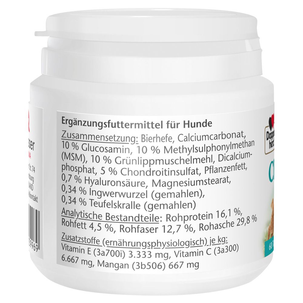 Rückseite der Dose. Zutatenliste und analytische Bestandteile. Doppelherz Chondro Plus für Hunde.