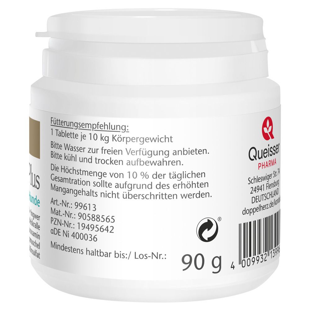 Rückseite der Dose. Fütterungsempfehlung und Herstellerinformationen. Doppelherz Chondro Plus für Hunde.