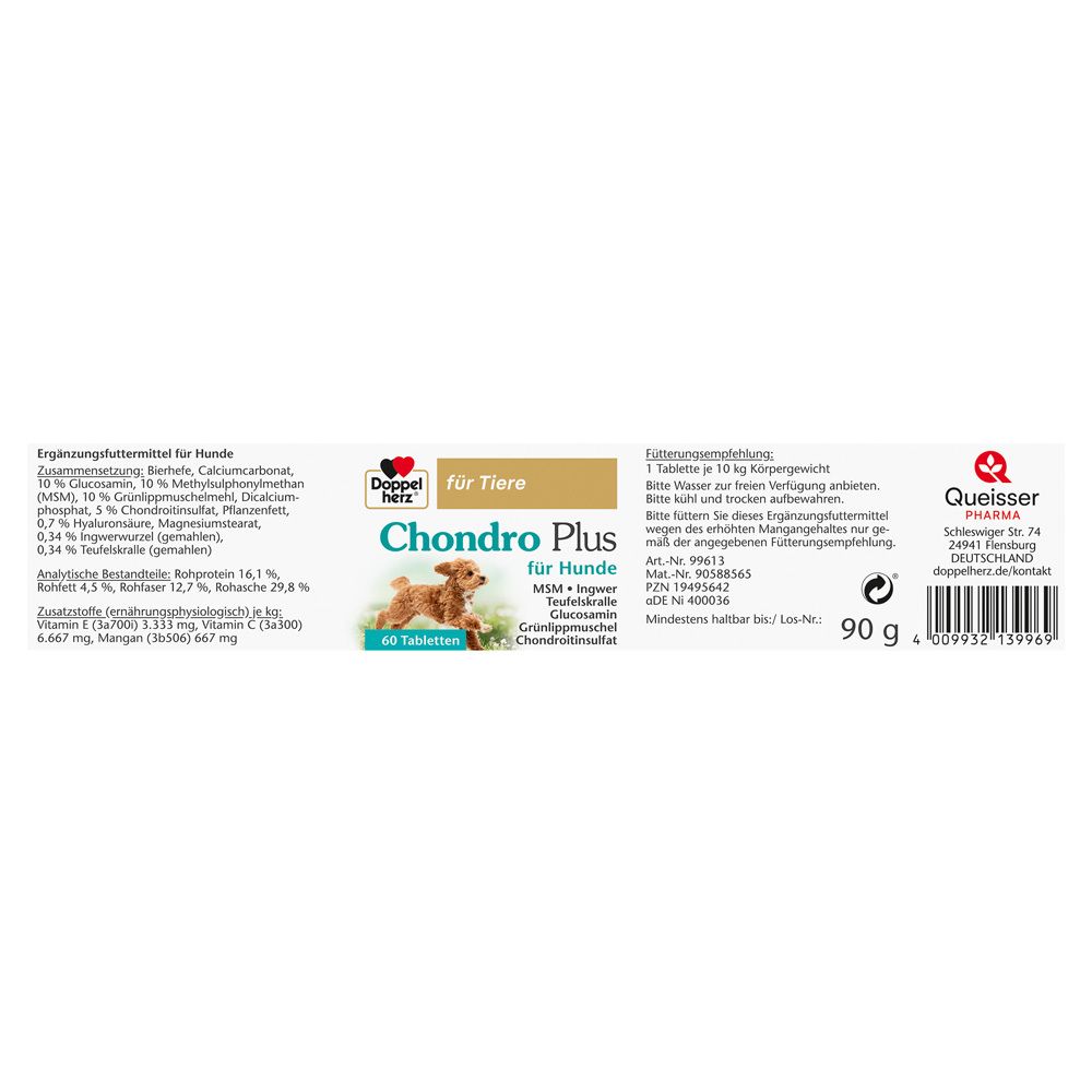 Etikett mit Produktinformationen. Doppelherz Chondro Plus für Hunde. 60 Tabletten. Hund auf dem Etikett.