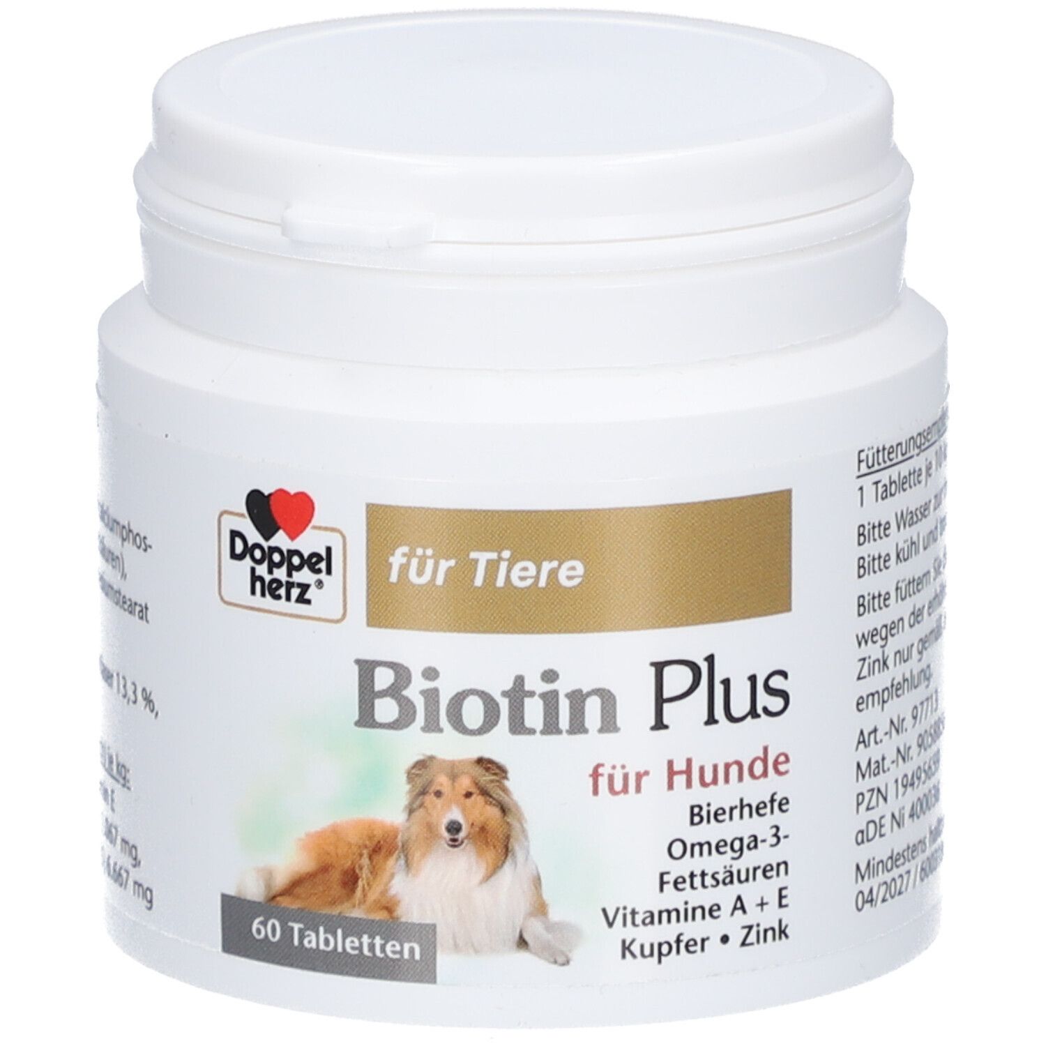 Weiße Dose mit Tabletten. Aufschrift: Doppelherz für Tiere Biotin Plus für Hunde. Enthält 60 Tabletten.