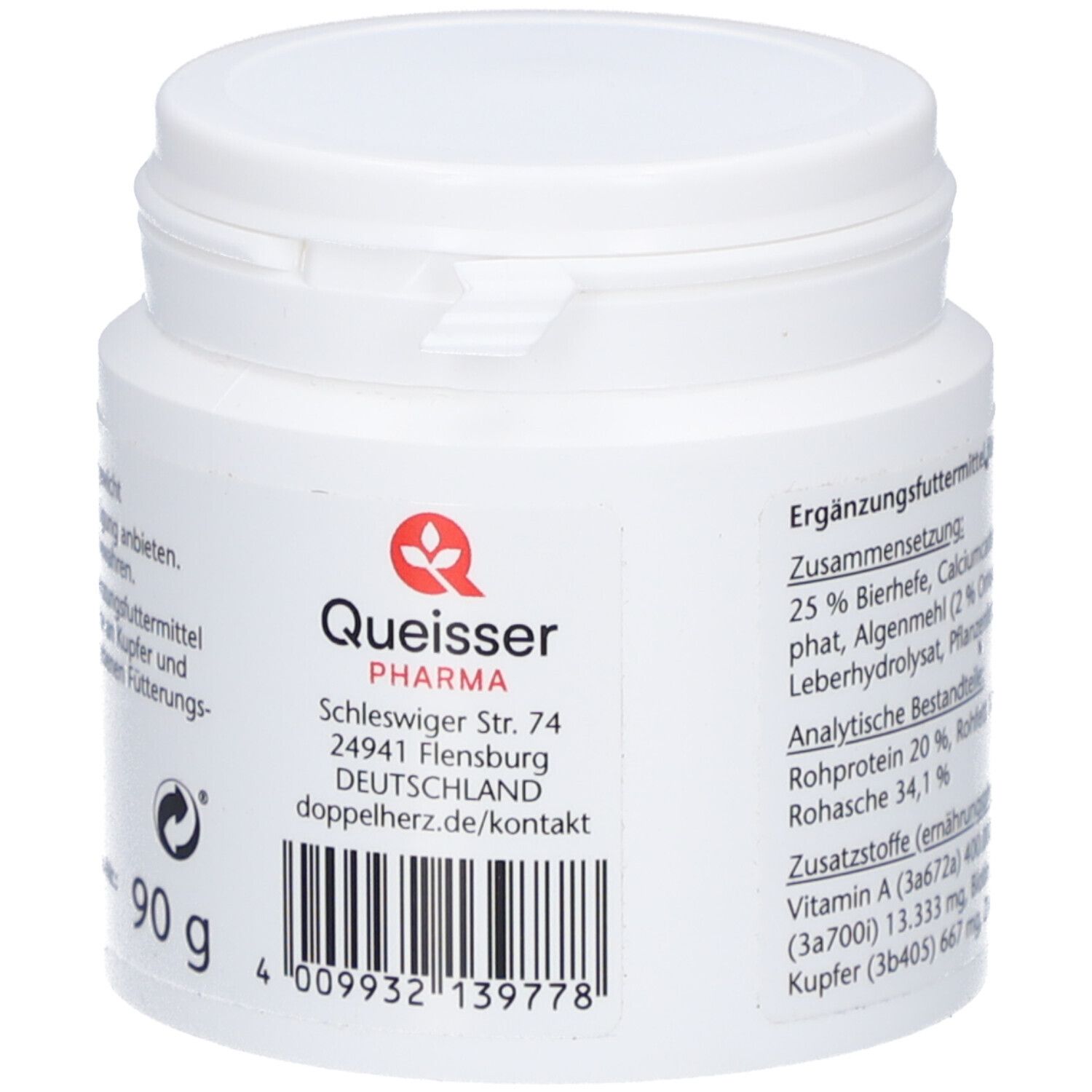 Weiße Dose mit Tabletten. Aufschrift: Queisser Pharma. Enthält 90g. Informationen zur Zusammensetzung.