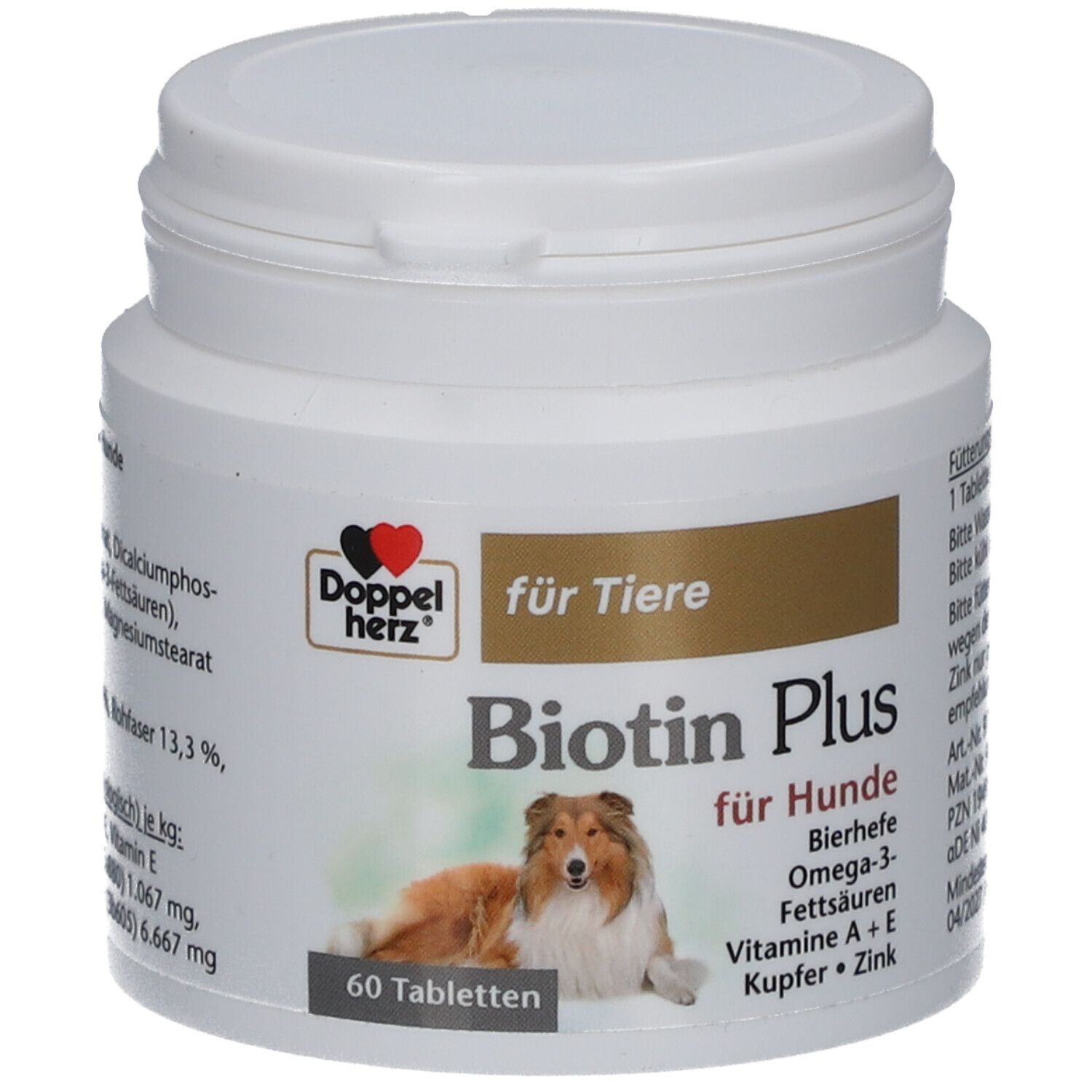 Weiße Dose mit Tabletten. Aufschrift: Doppelherz für Tiere Biotin Plus für Hunde. Enthält 60 Tabletten.
