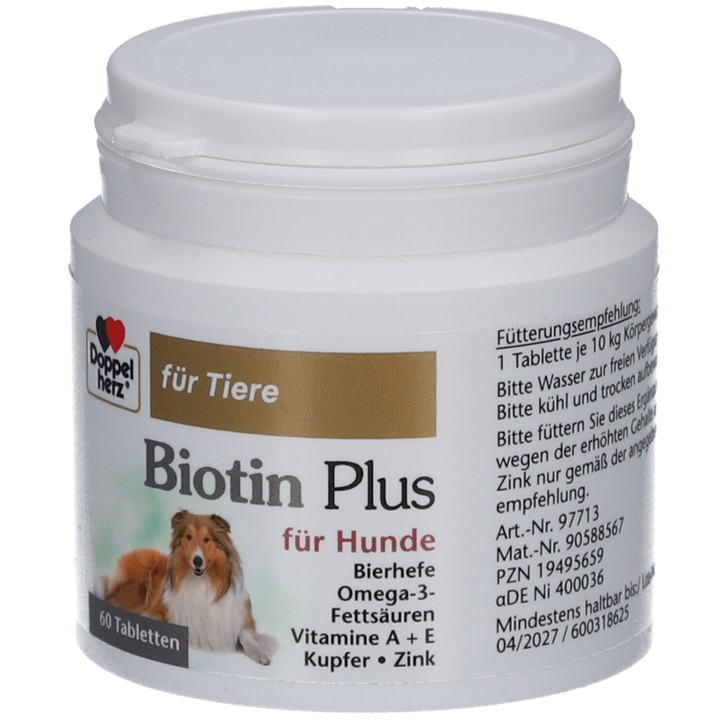 Weiße Dose mit Tabletten. Aufschrift: Doppelherz für Tiere Biotin Plus für Hunde. Enthält 60 Tabletten.