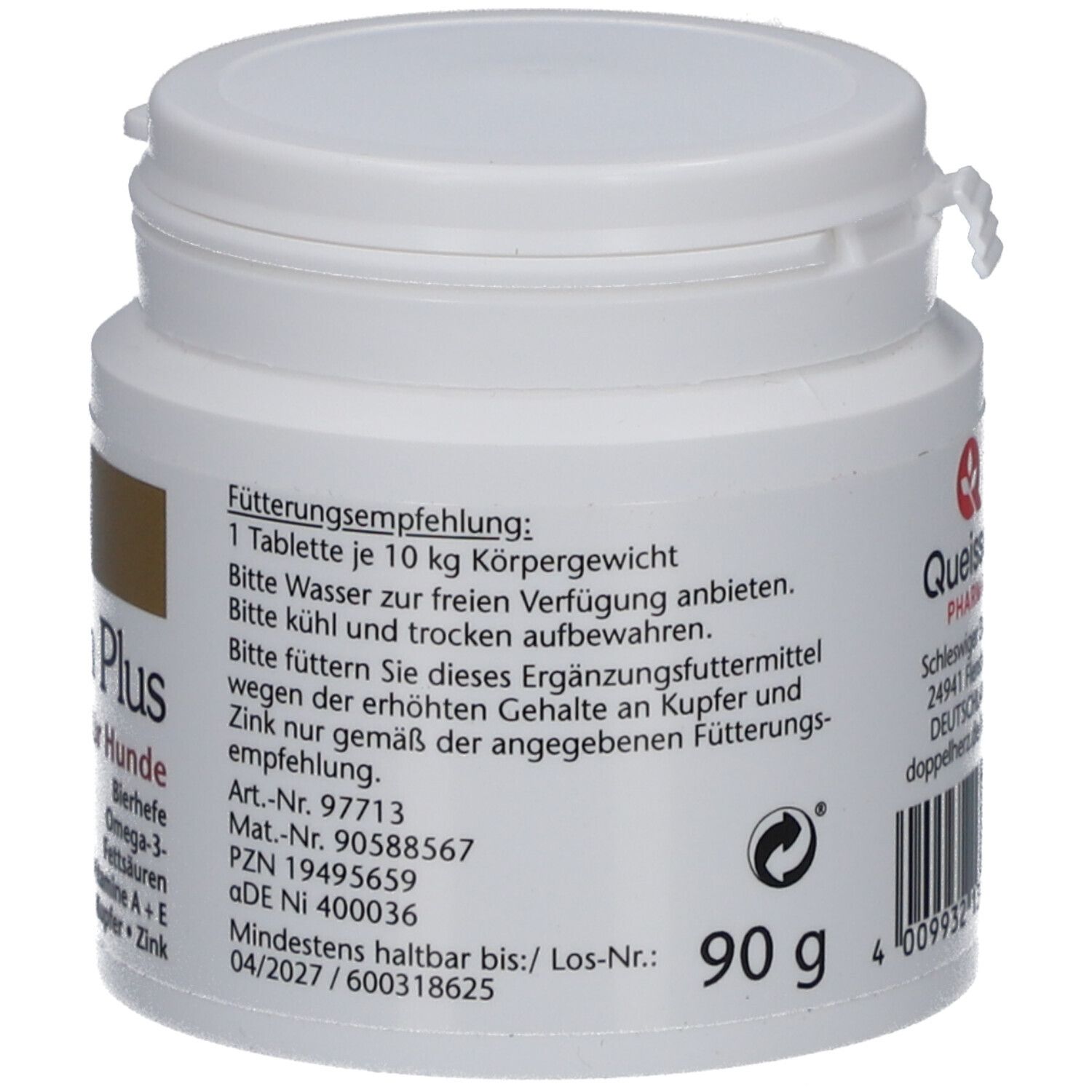 Rückseite einer weißen Tablettendose. Enthält Informationen zur Fütterungsempfehlung und Inhaltsstoffe.