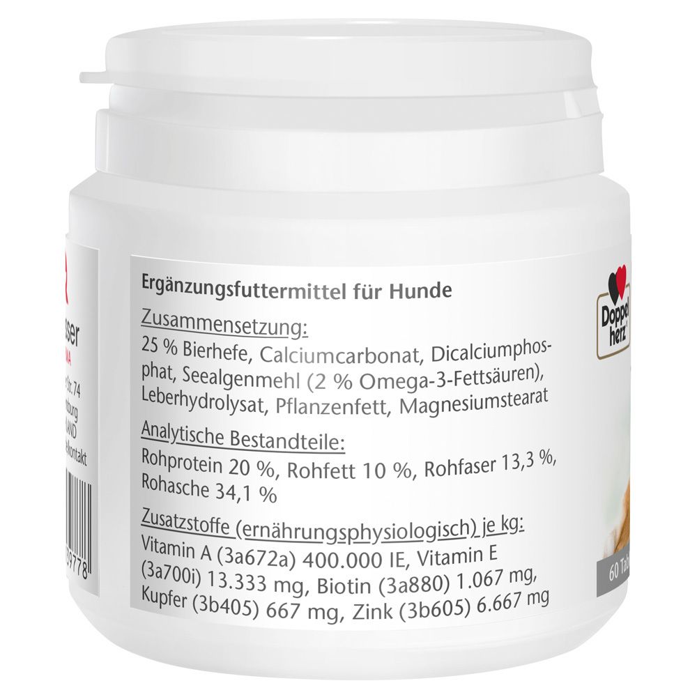 Rückseite der Dose. Zusammensetzung und analytische Bestandteile. Ergänzungsfuttermittel für Hunde. Text.
