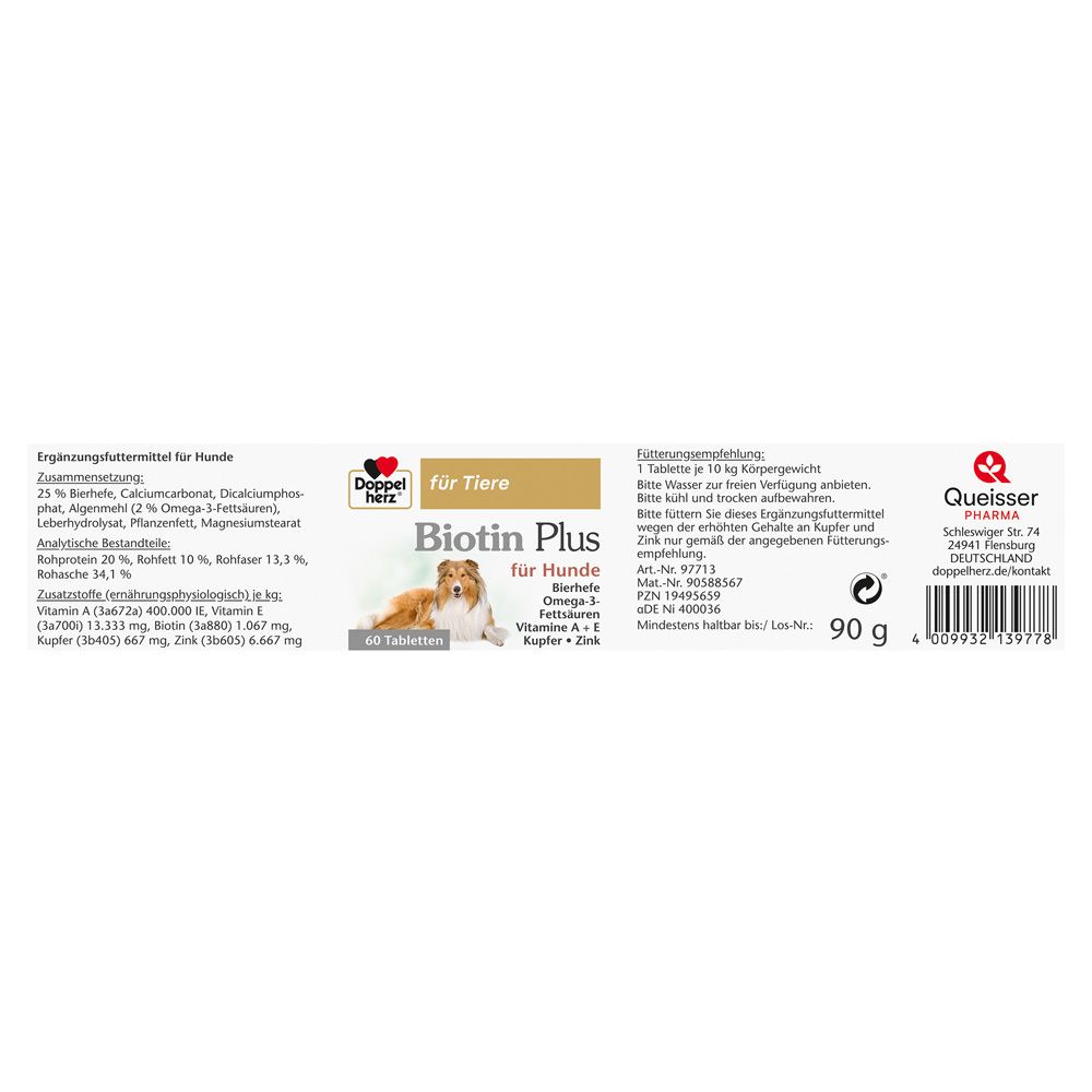 Etikett mit Produktinformationen. Doppelherz für Tiere Biotin Plus für Hunde. 60 Tabletten. 90 g. Barcode.