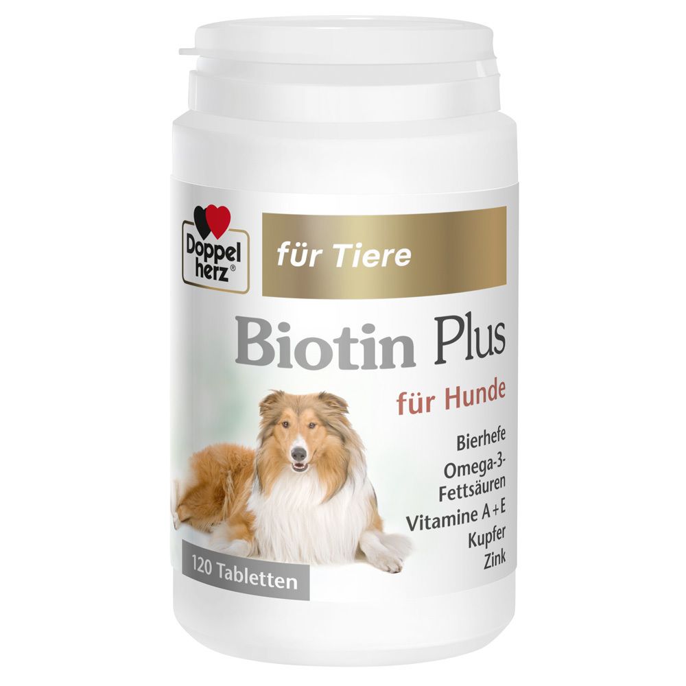 Weiße Dose mit "Doppelherz"-Logo und "Biotin Plus für Hunde". Enthält 120 Tabletten. Abbildung eines Hundes.