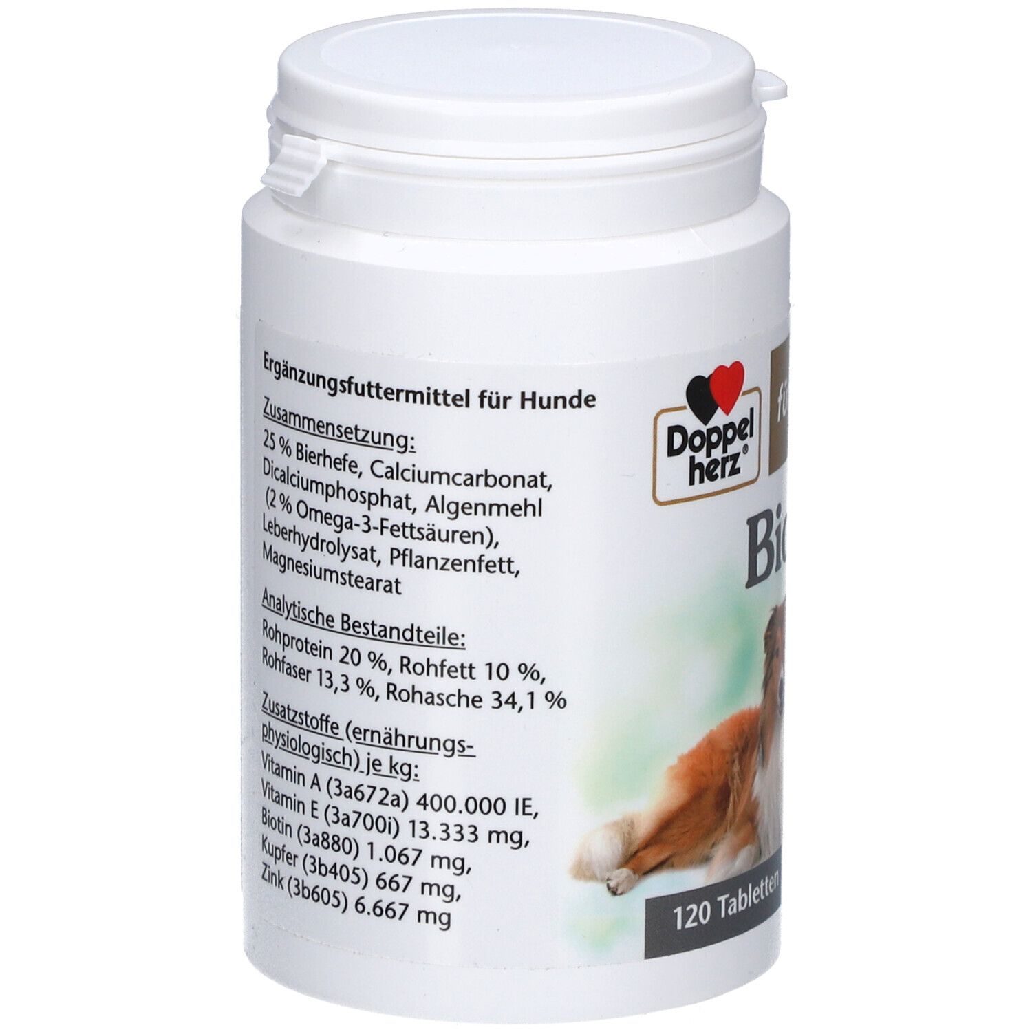 Weiße Dose mit Text. Zusammensetzung, analytische Bestandteile, Zusatzstoffe. Doppelherz Logo. 120 Tabletten.