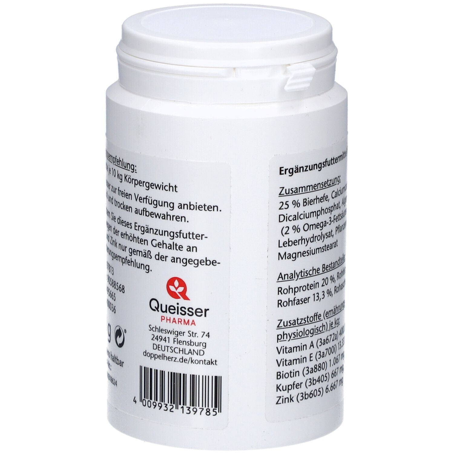 Weiße Dose mit Text. Queisser Pharma. Adresse und Kontaktinformationen. Barcode.