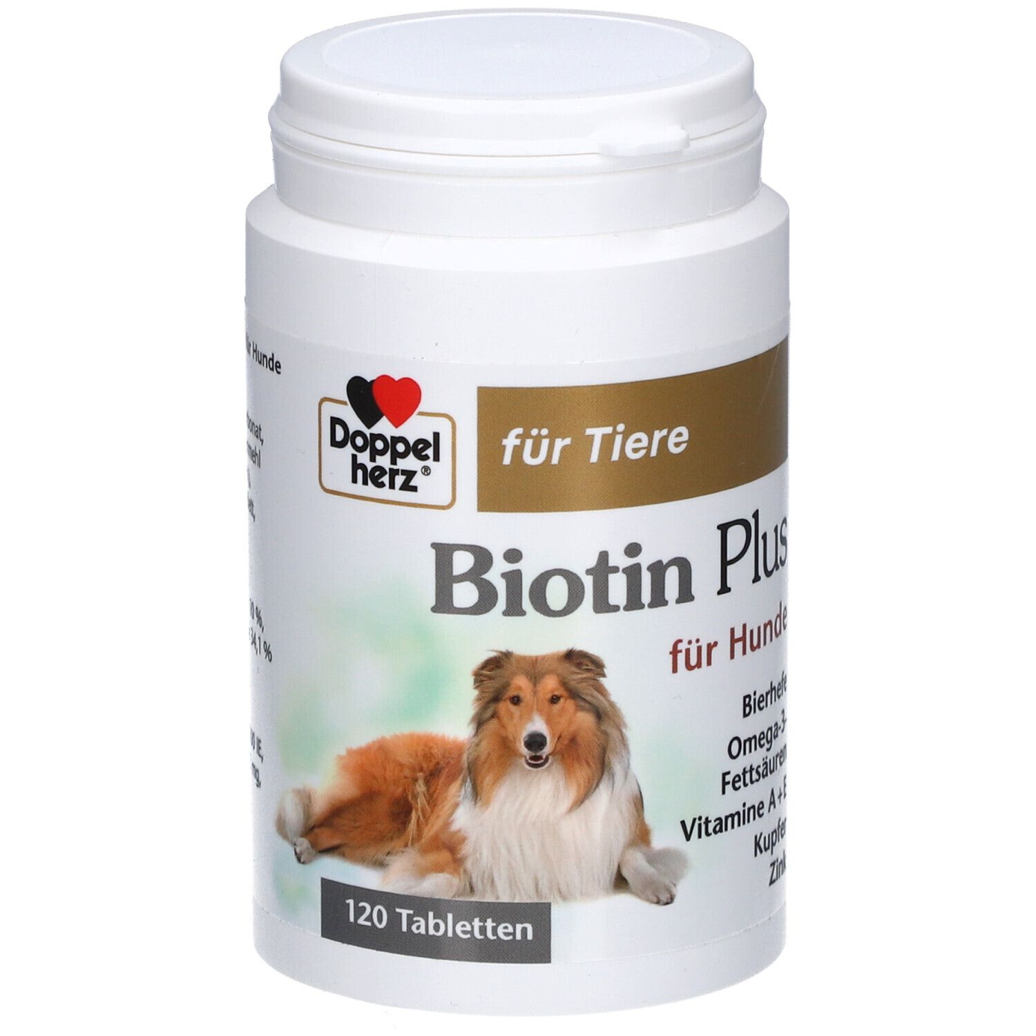 Weiße Dose mit Etikett. Doppelherz Biotin Plus für Hunde. Bild eines Hundes. 120 Tabletten.