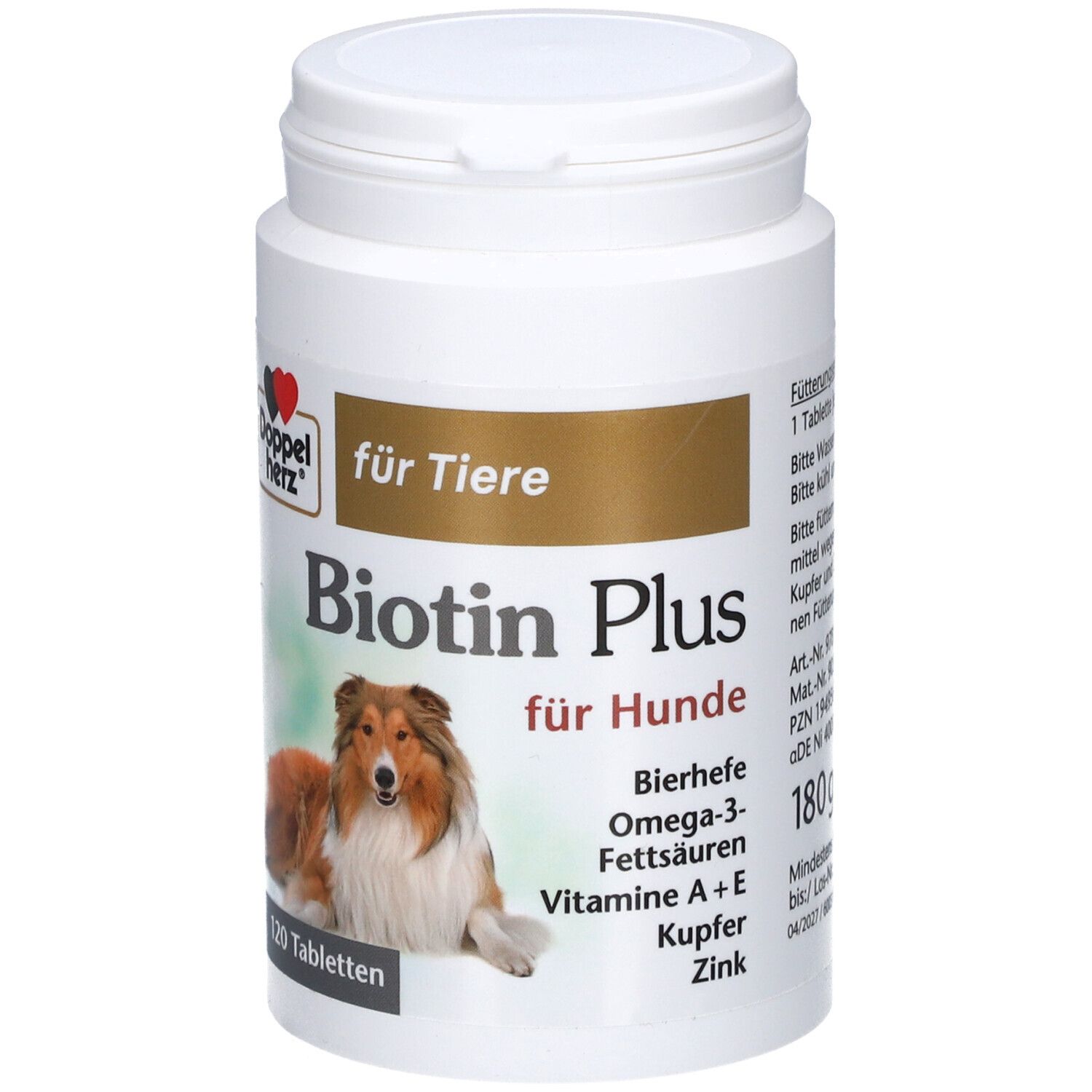 Weiße Dose mit Etikett. Doppelherz Biotin Plus für Hunde. Bild eines Hundes. 120 Tabletten.