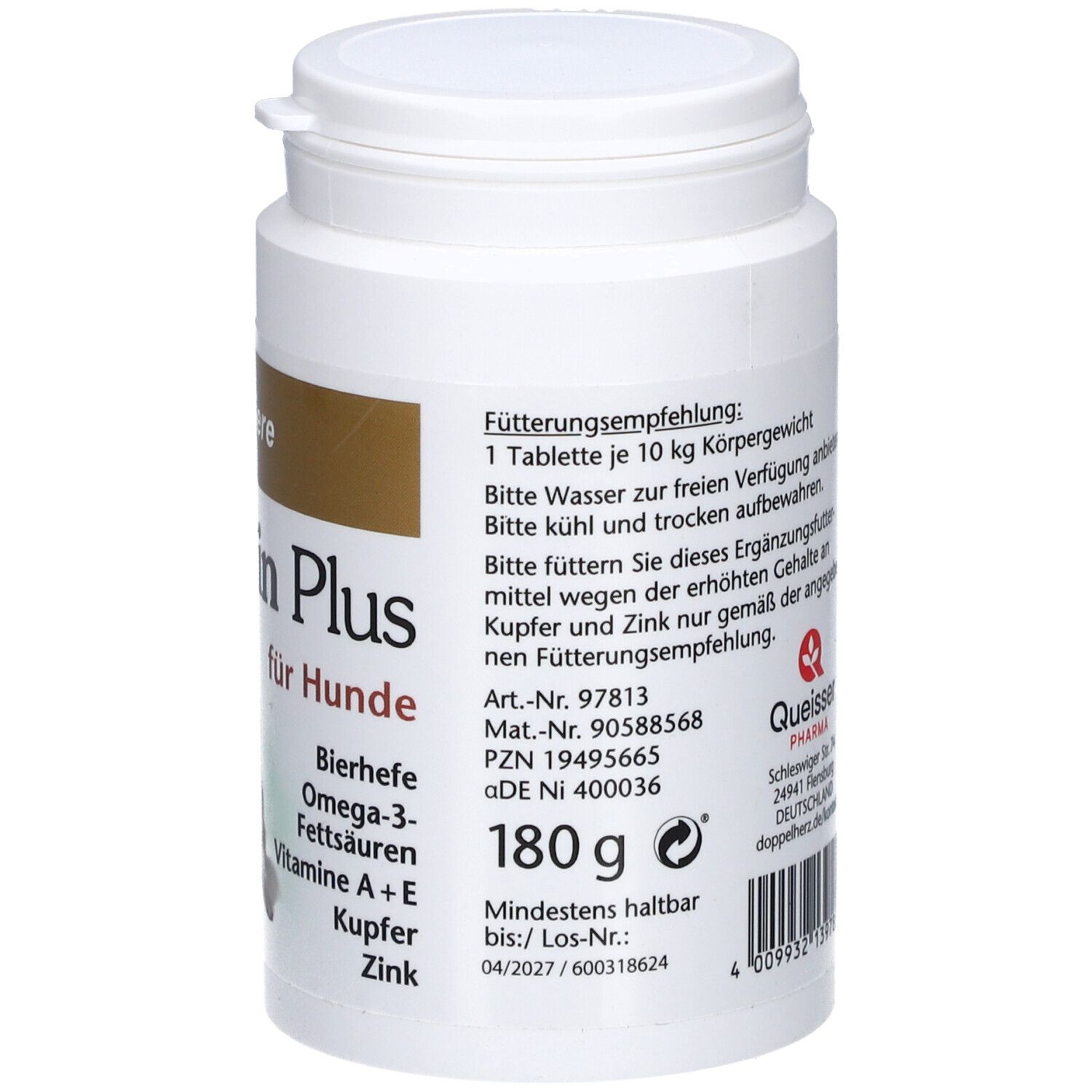 Weiße Dose mit Text. Fütterungsempfehlung. Queisser Pharma. 180 g. Mindestens haltbar bis.