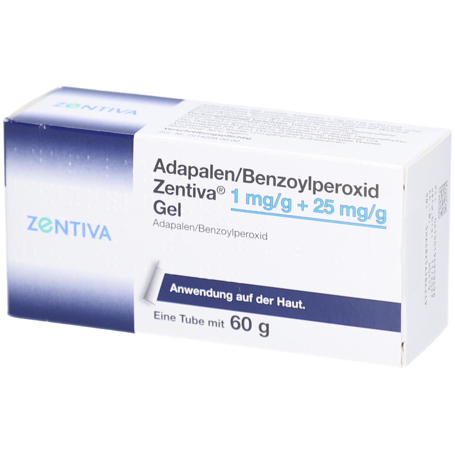 Karton von Adapalene/Benzoylperoxid Zentiva Gel. Aufschrift: 1 mg/g + 25 mg/g. Eine Tube mit 60 g. Zentiva Logo.