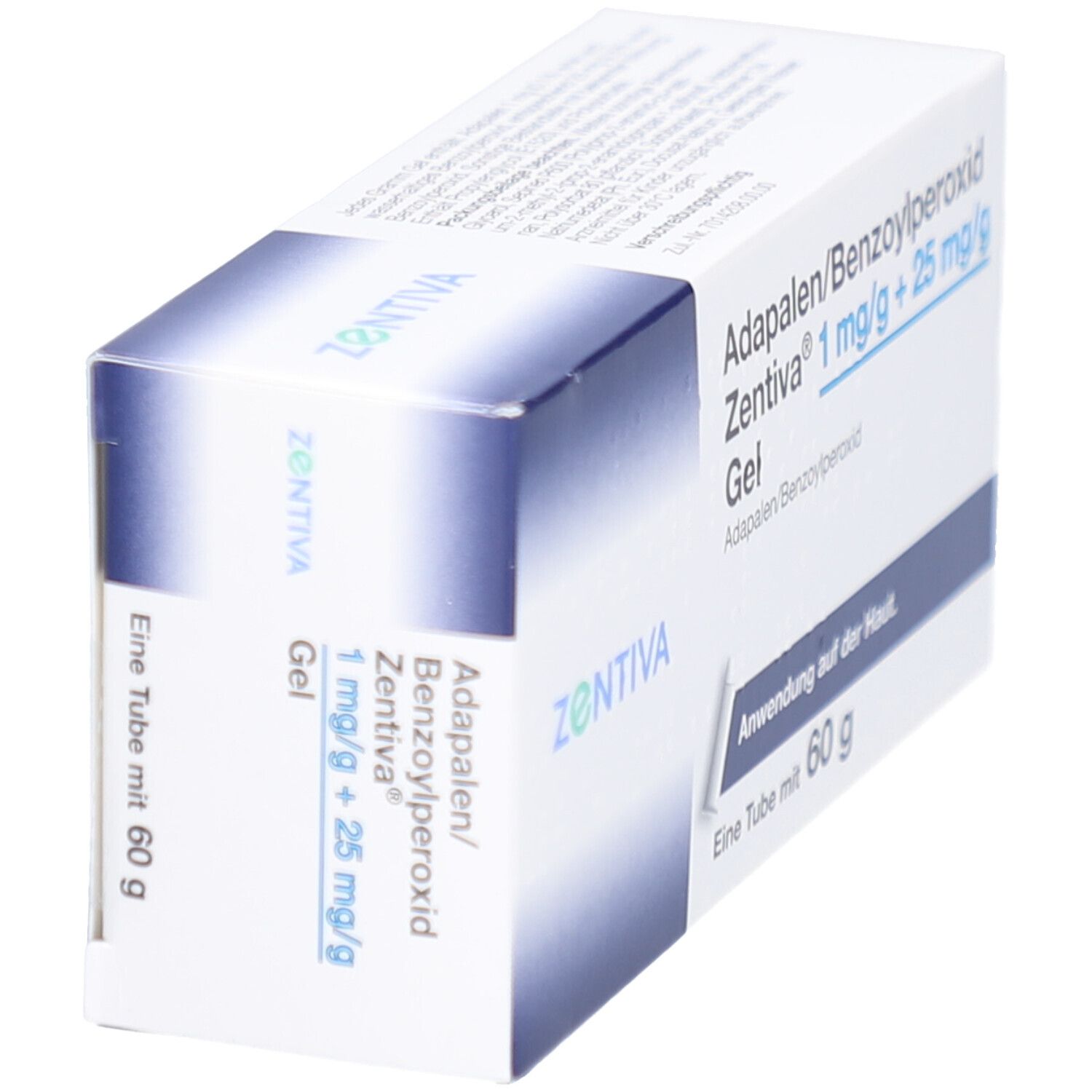 Karton von Adapalene/Benzoylperoxid Zentiva Gel. Aufschrift: 1 mg/g + 25 mg/g. Eine Tube mit 60 g. Zentiva Logo.