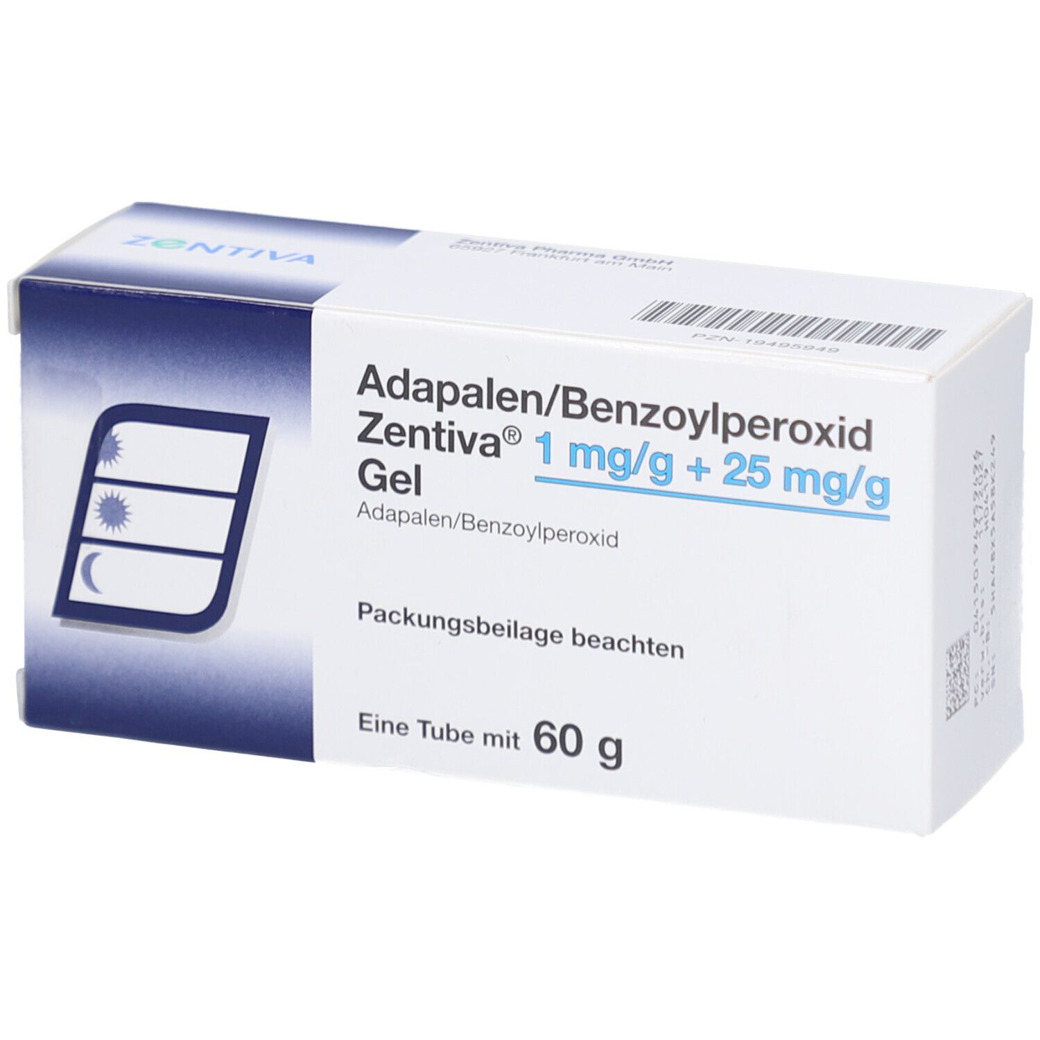 Karton von Adapalene/Benzoylperoxid Zentiva Gel. Aufschrift: 1 mg/g + 25 mg/g. Eine Tube mit 60 g. Zentiva Logo.