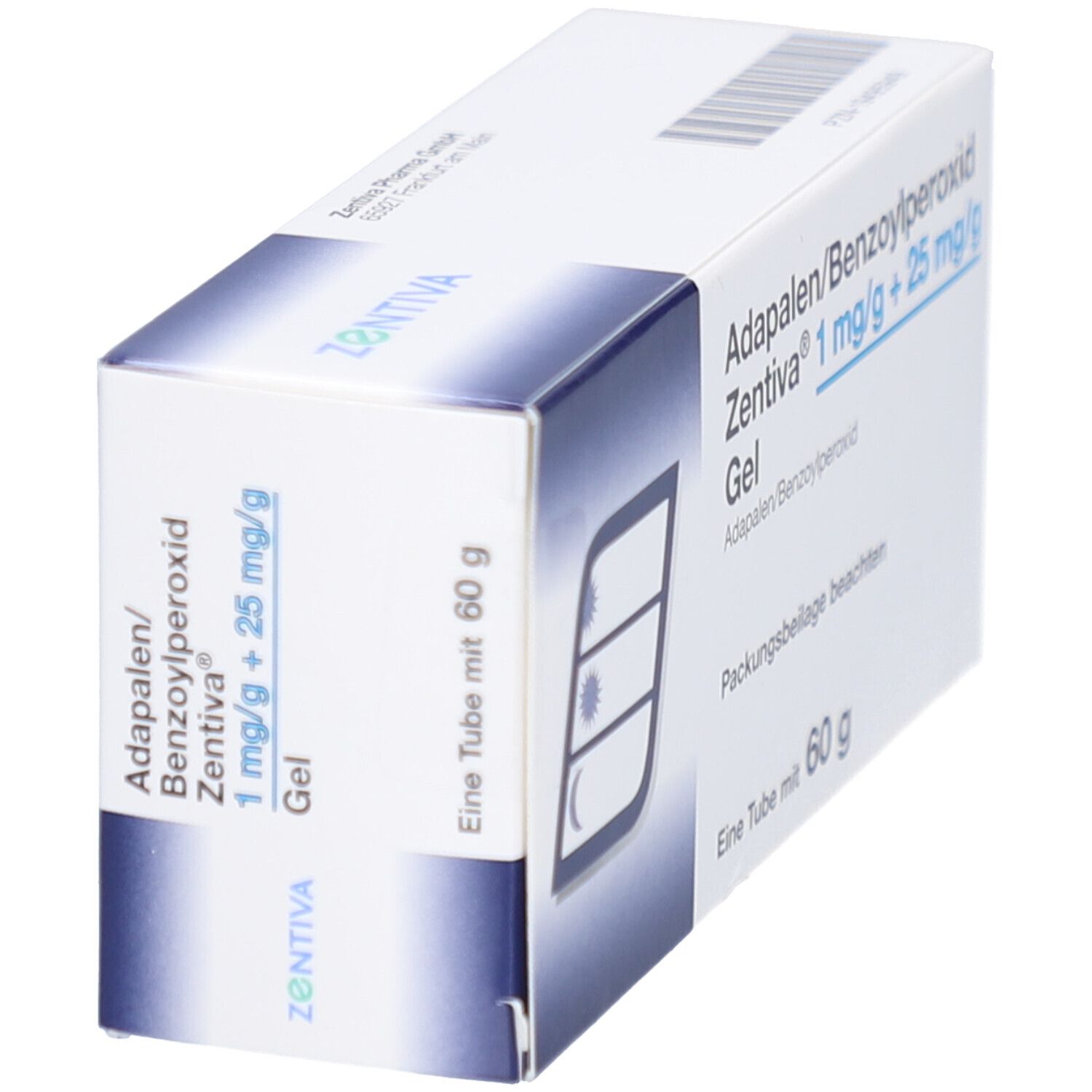 Karton von Adapalene/Benzoylperoxid Zentiva Gel. Aufschrift: 1 mg/g + 25 mg/g. Eine Tube mit 60 g. Zentiva Logo.