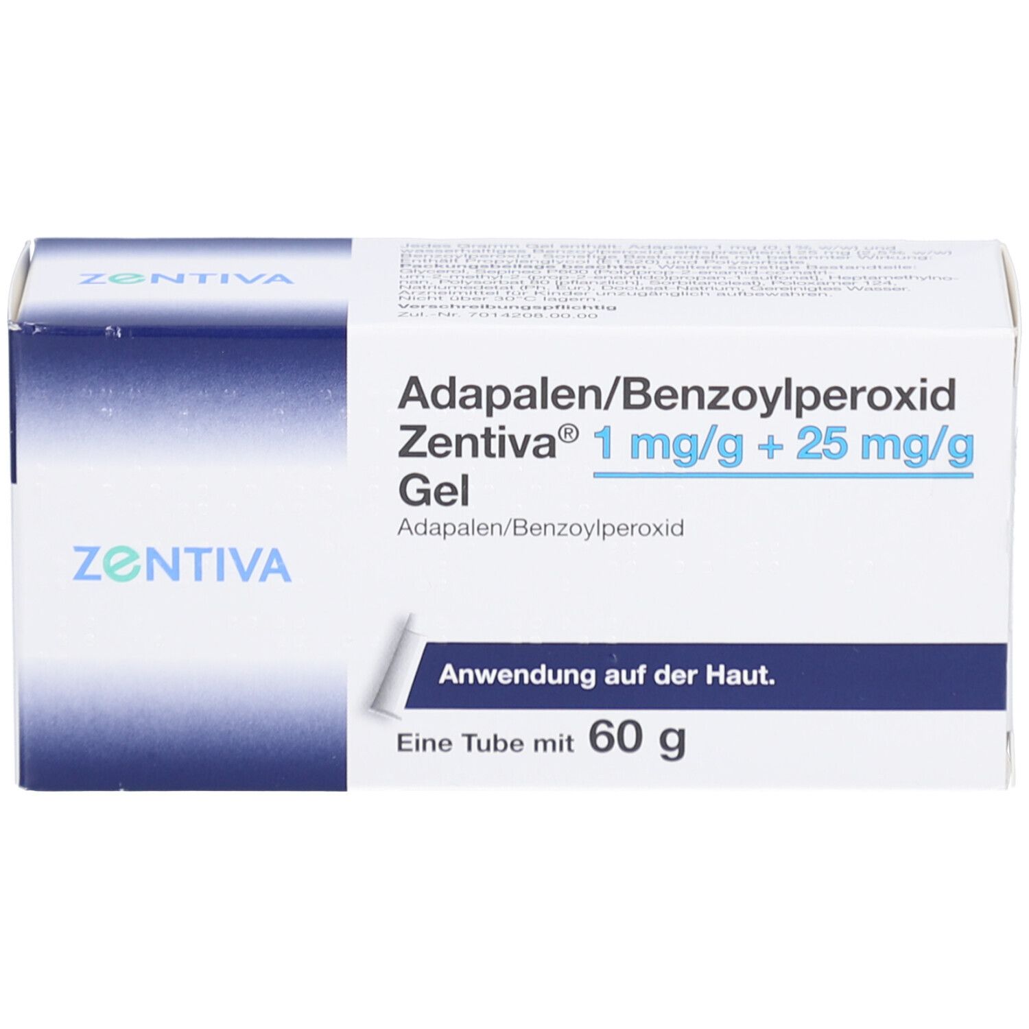 Karton von Adapalene/Benzoylperoxid Zentiva Gel. Aufschrift: 1 mg/g + 25 mg/g. Eine Tube mit 60 g. Zentiva Logo.